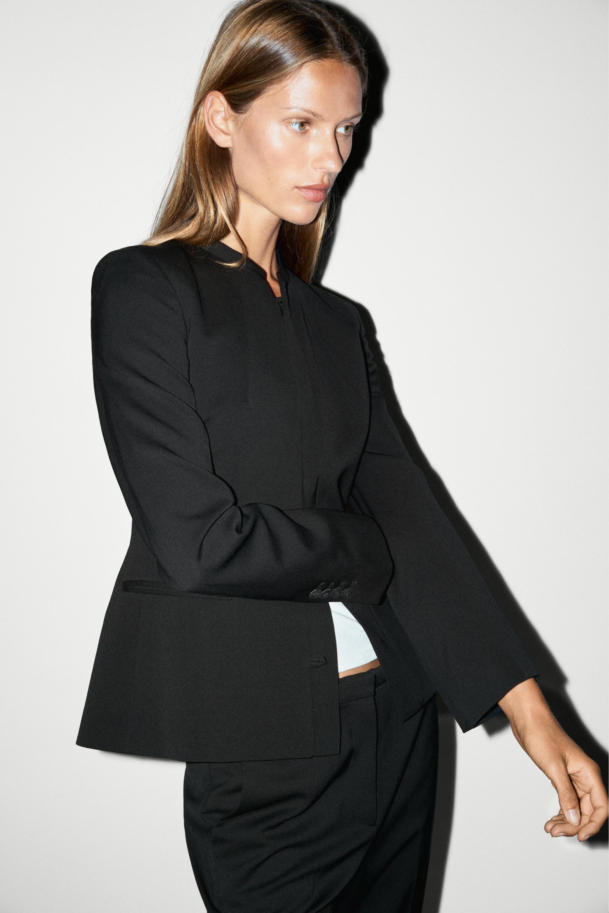 Round neck blazer with dart details — BLACK