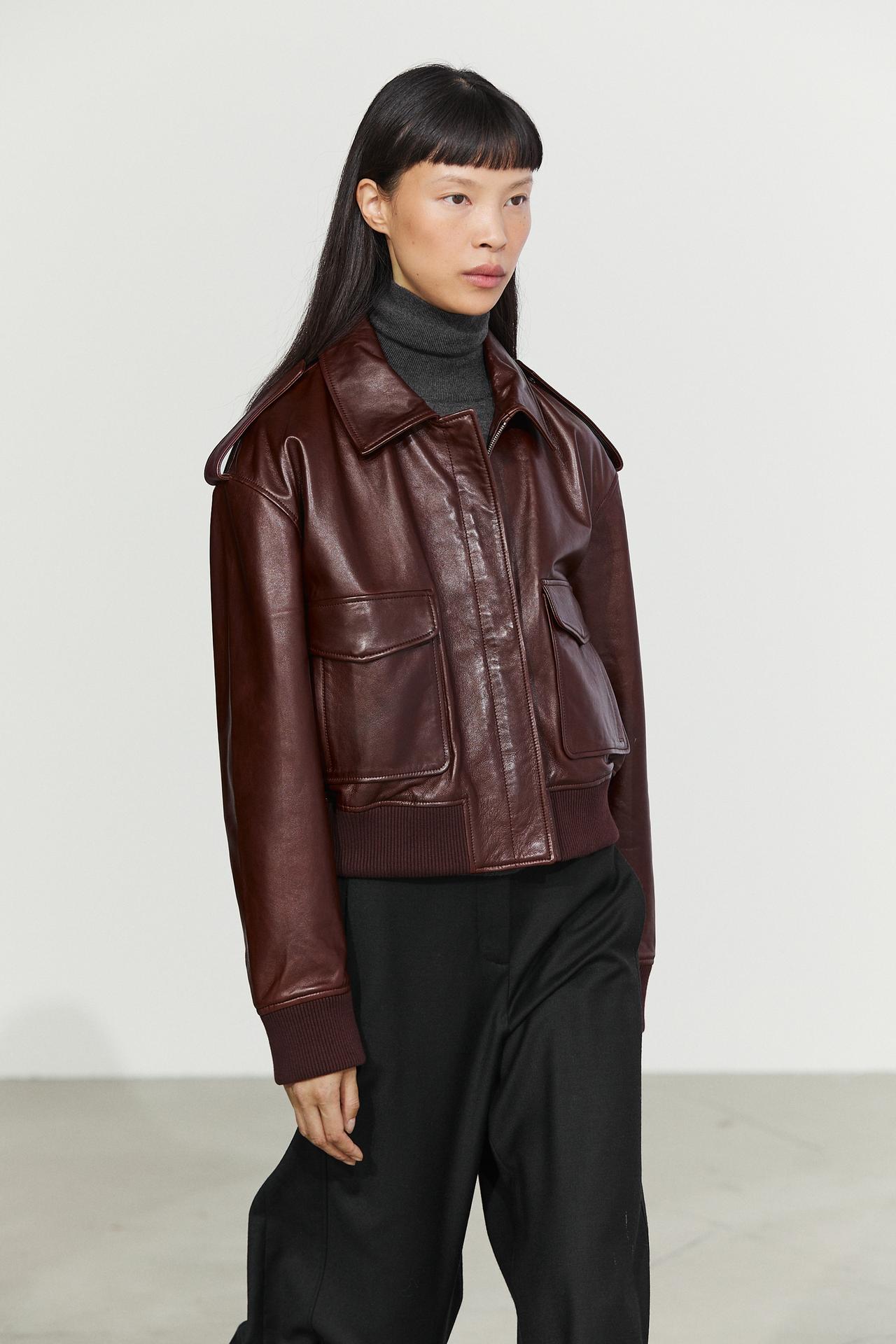 Nappa leather bomber jacket with pockets — MAROON