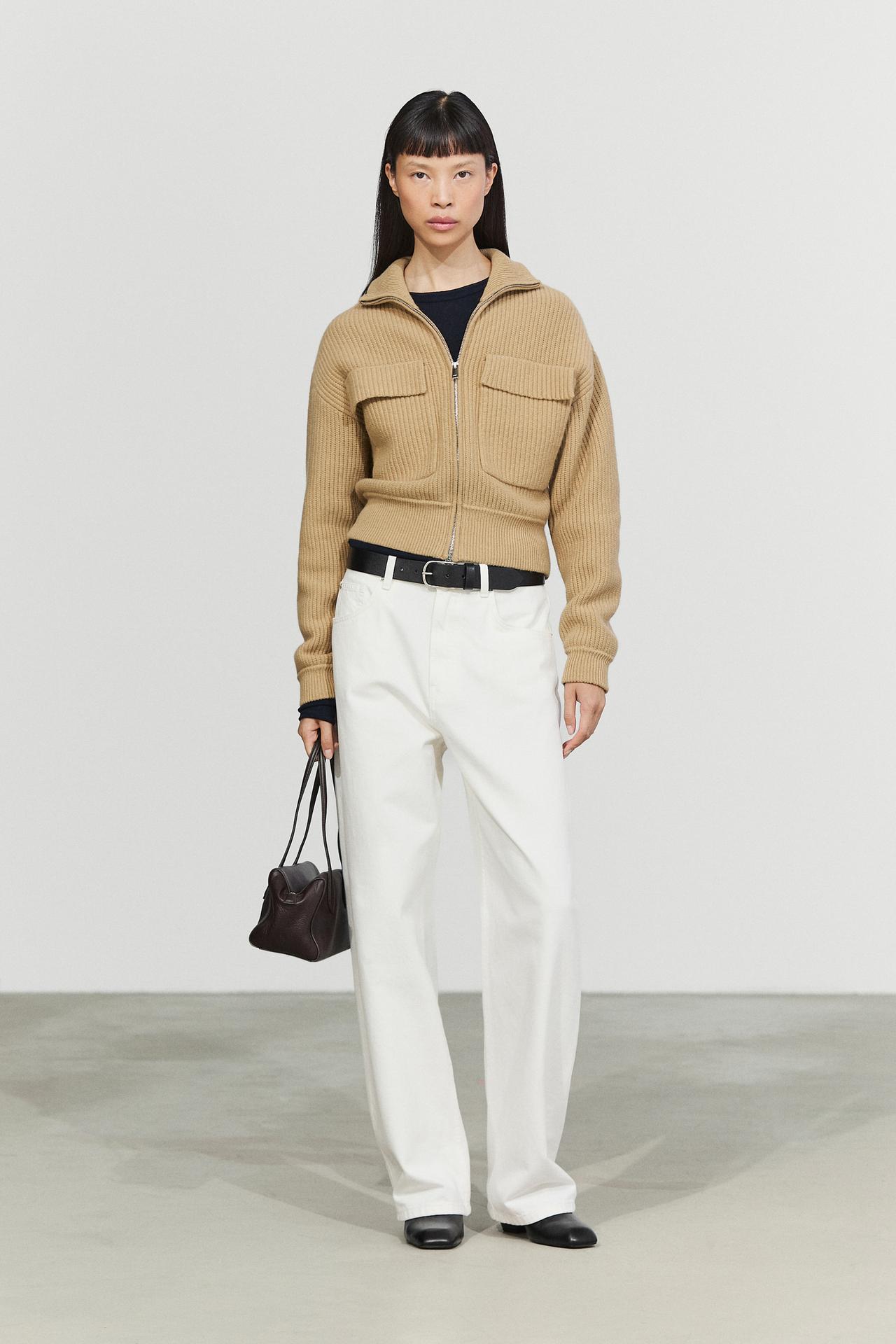 Zip-up knit cardigan with cotton — CAMEL