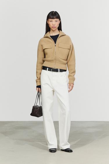 Zip-up knit cardigan with cotton — CAMEL 8