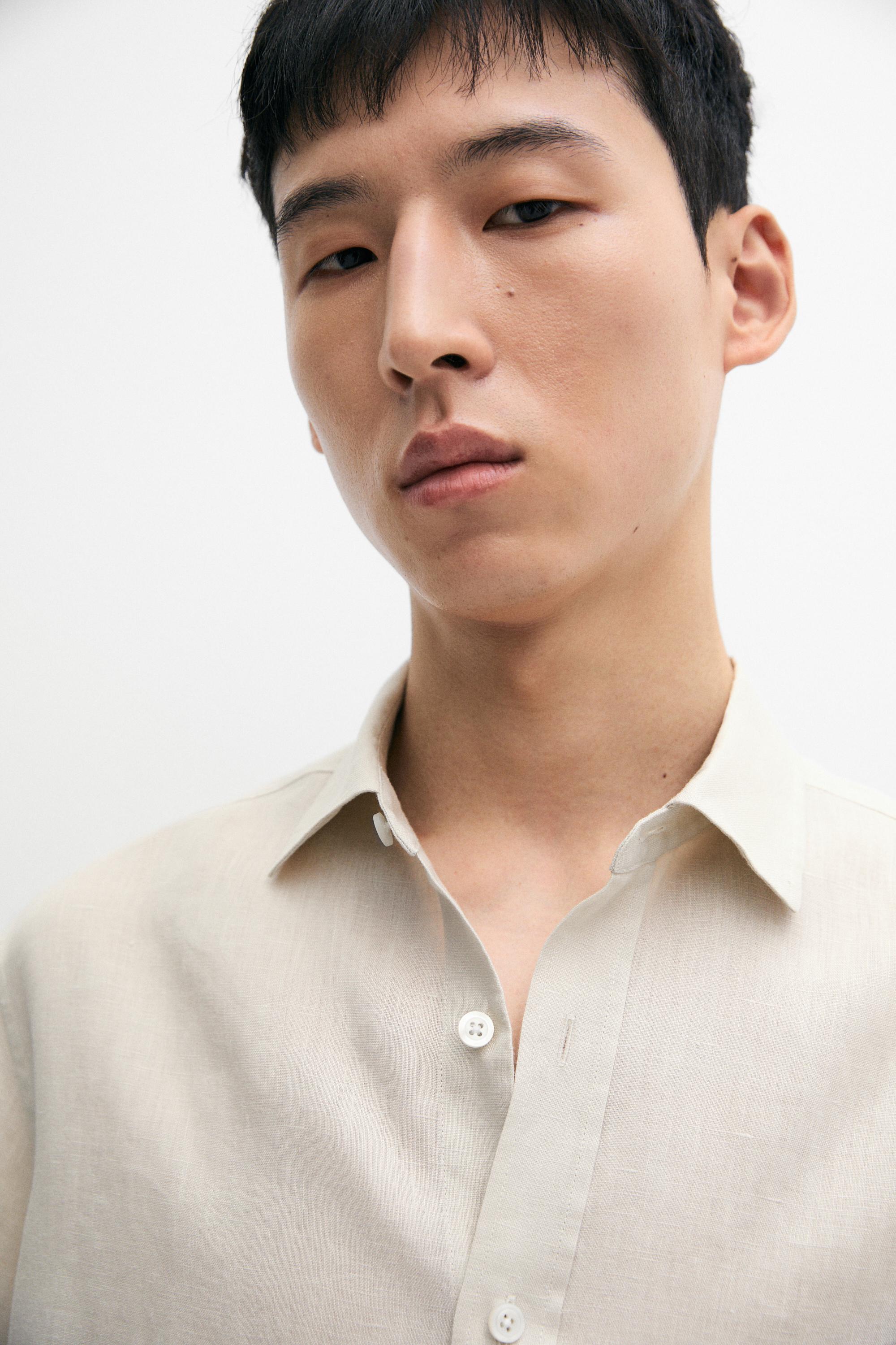 Regular fit 100% linen short sleeve shirt — SAND