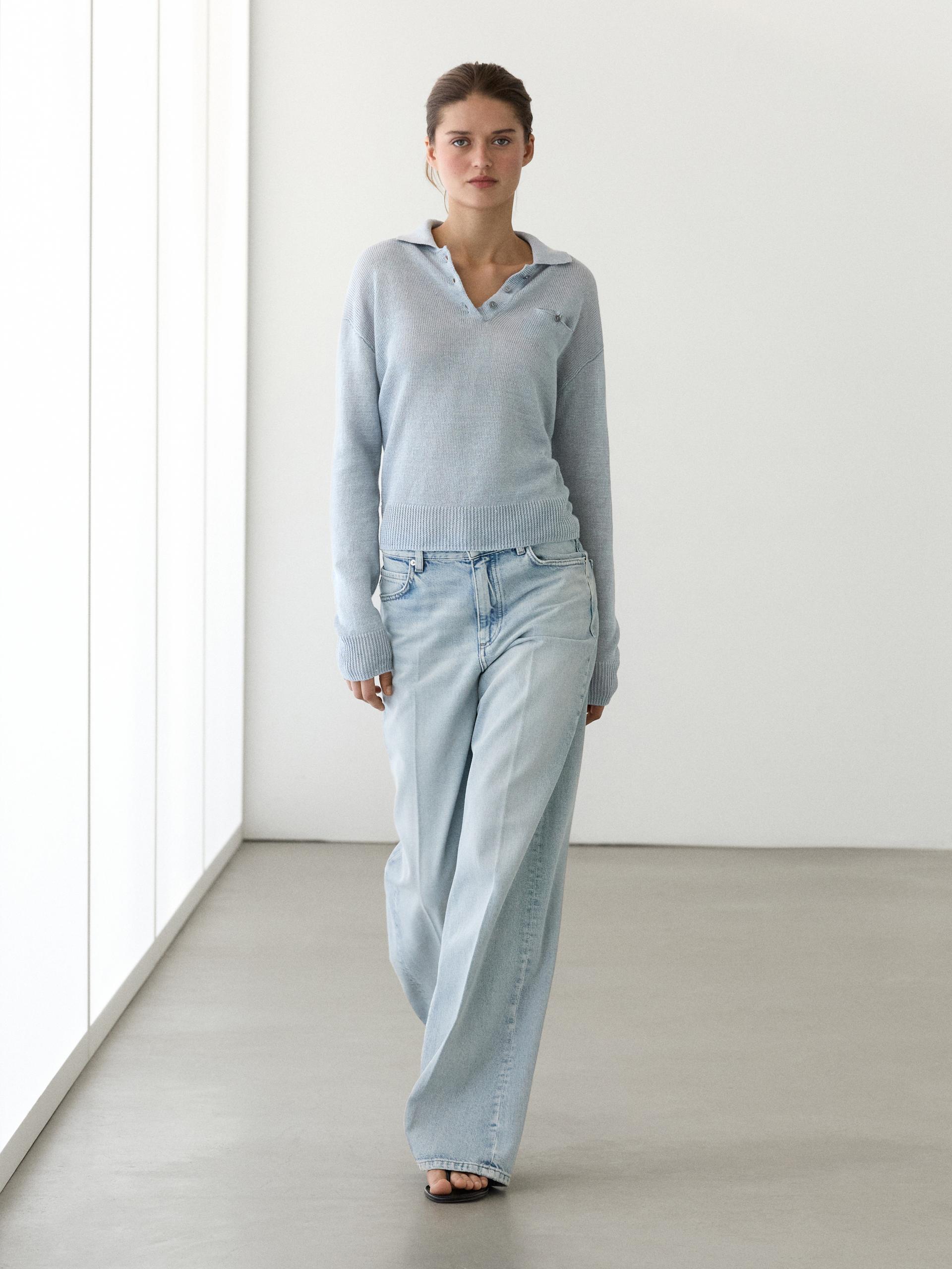 Jersey Fino Cuello Polo Lino - Azul Delavado - S - Massimo Dutti - Mujer