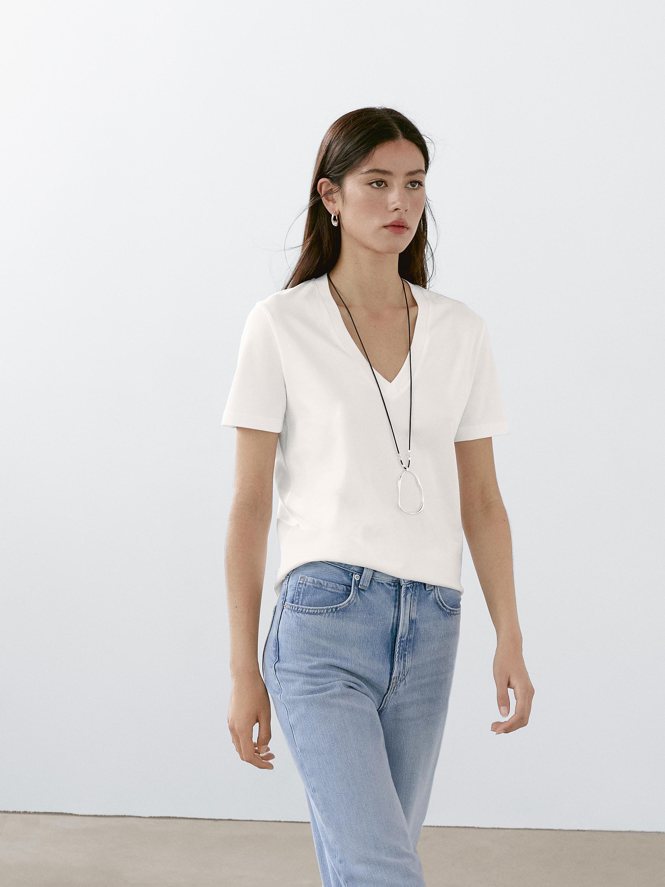100% cotton interlock V-neck T-shirt — WHITE