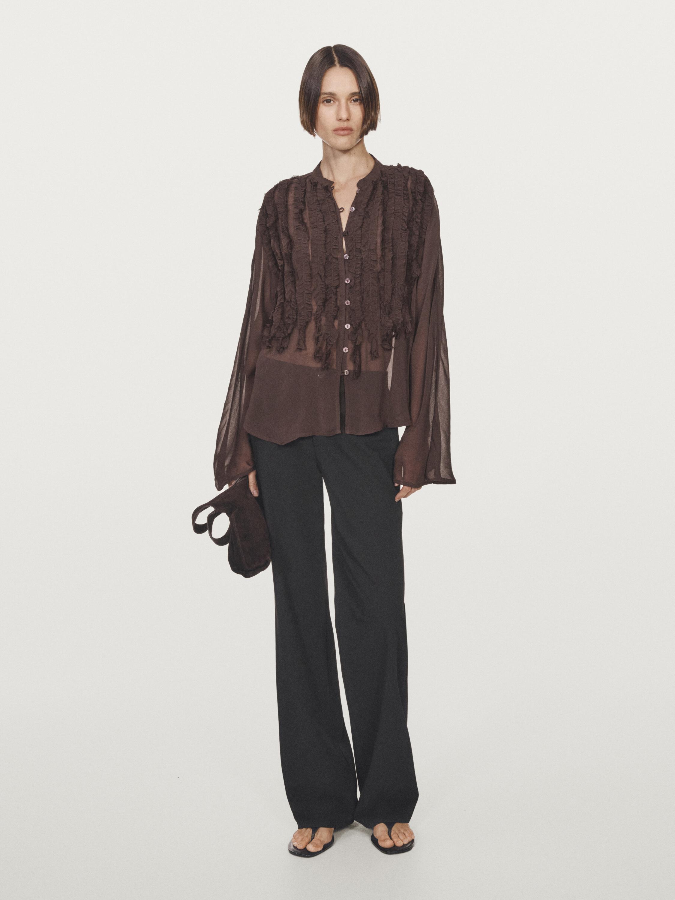Flowing bib-front shirt with ruffles
