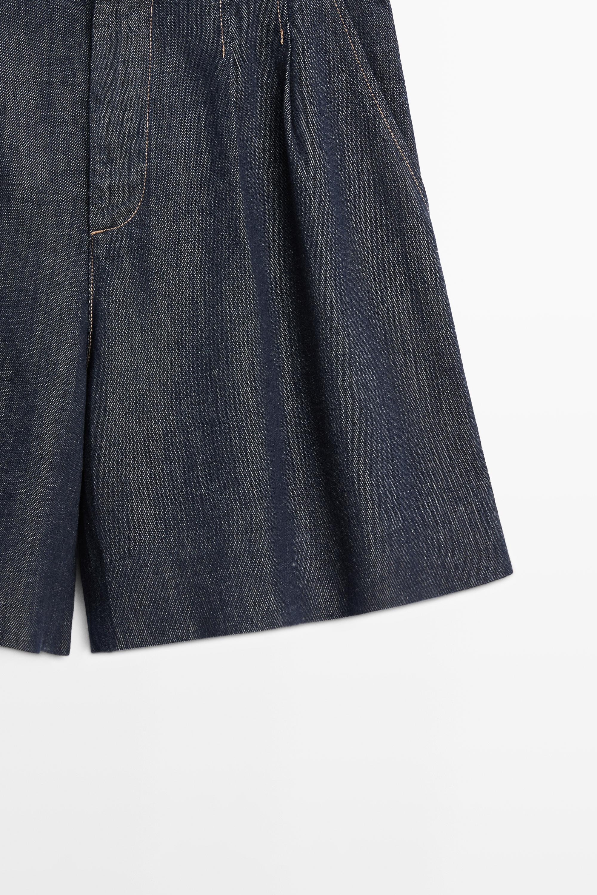 Cotton denim Bermuda shorts with topstitching — DARK BLUE