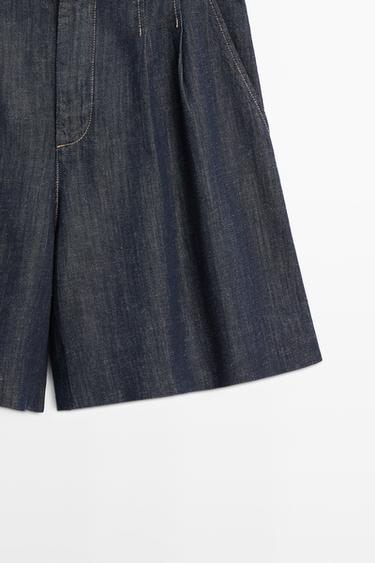 Cotton denim Bermuda shorts with topstitching — DARK BLUE 7