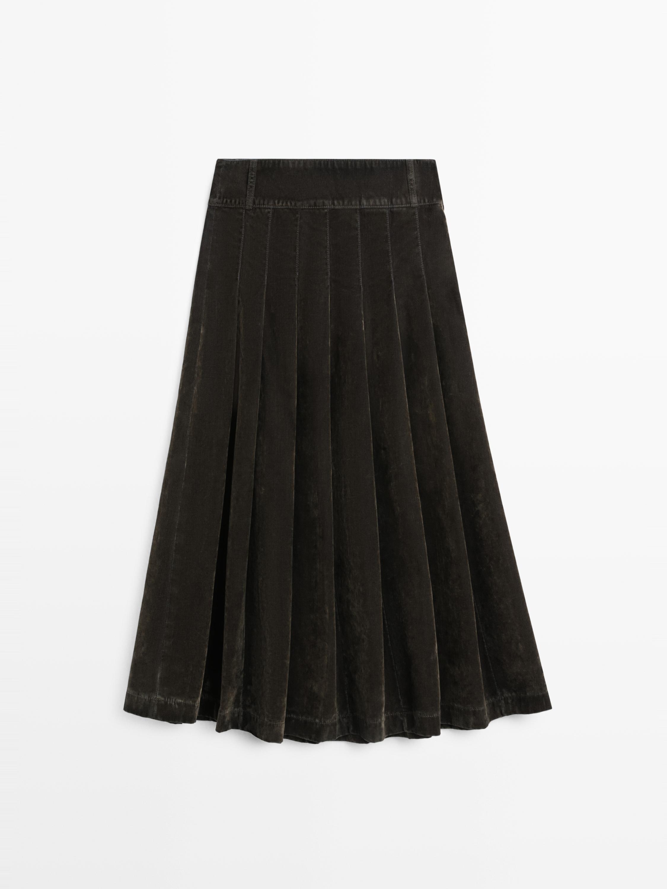 Flocked denim midi skirt with box pleats — KHAKI