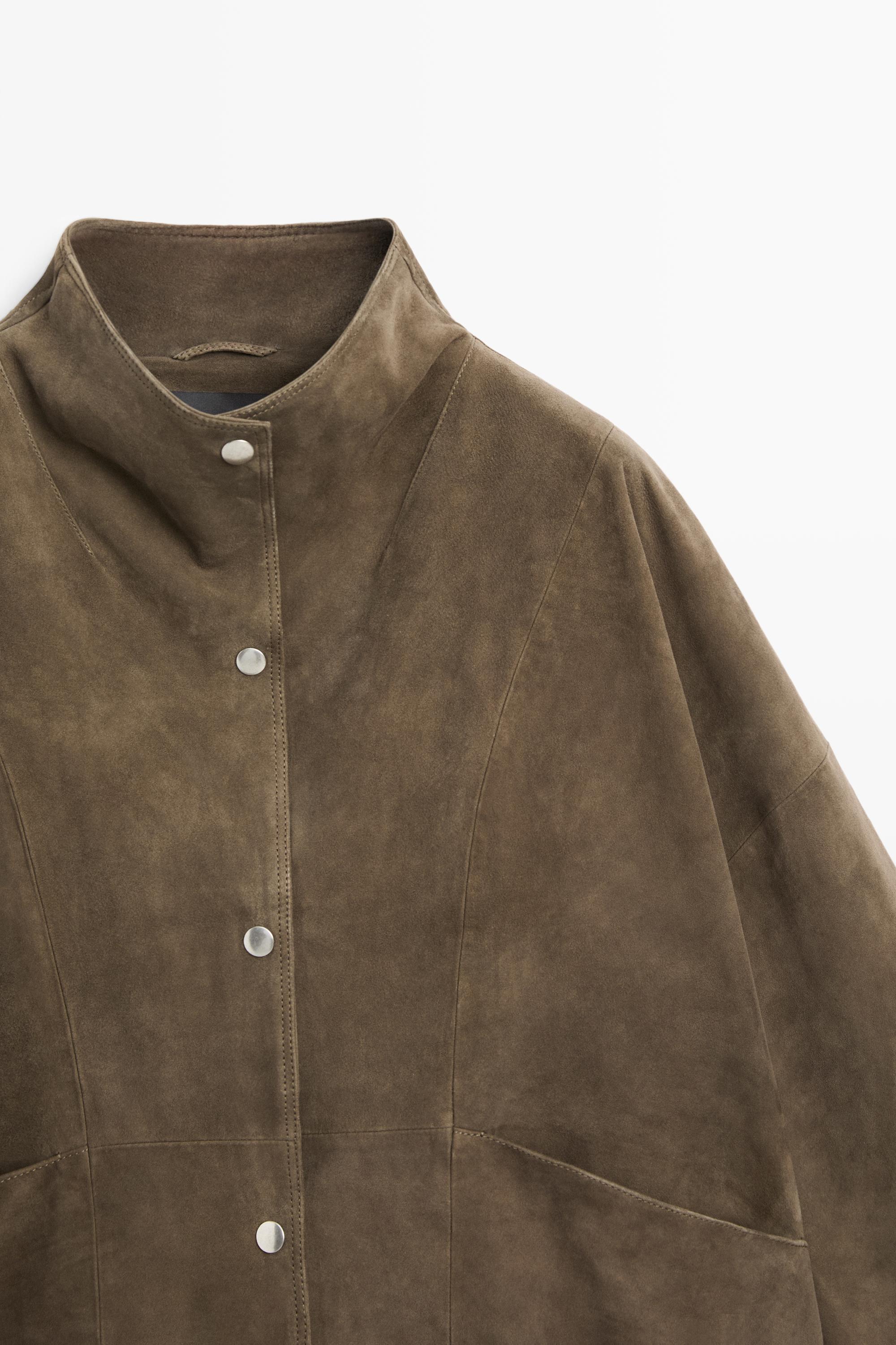 Suede leather high neck jacket — KHAKI