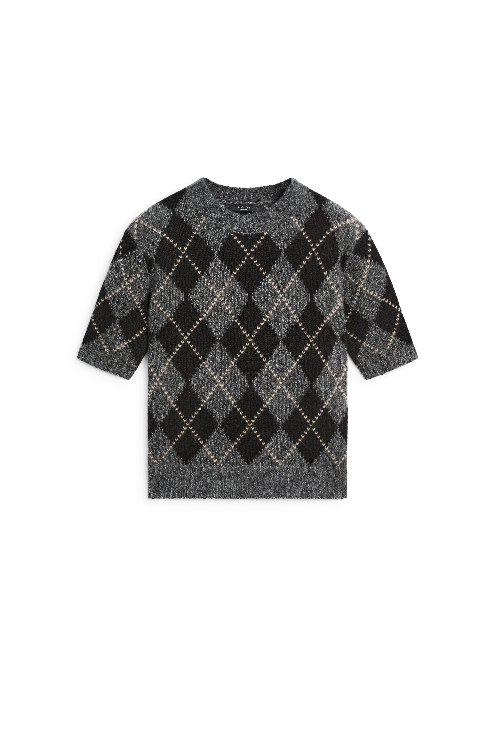 Cashmere-blend short sleeve argyle knit sweater — GREY