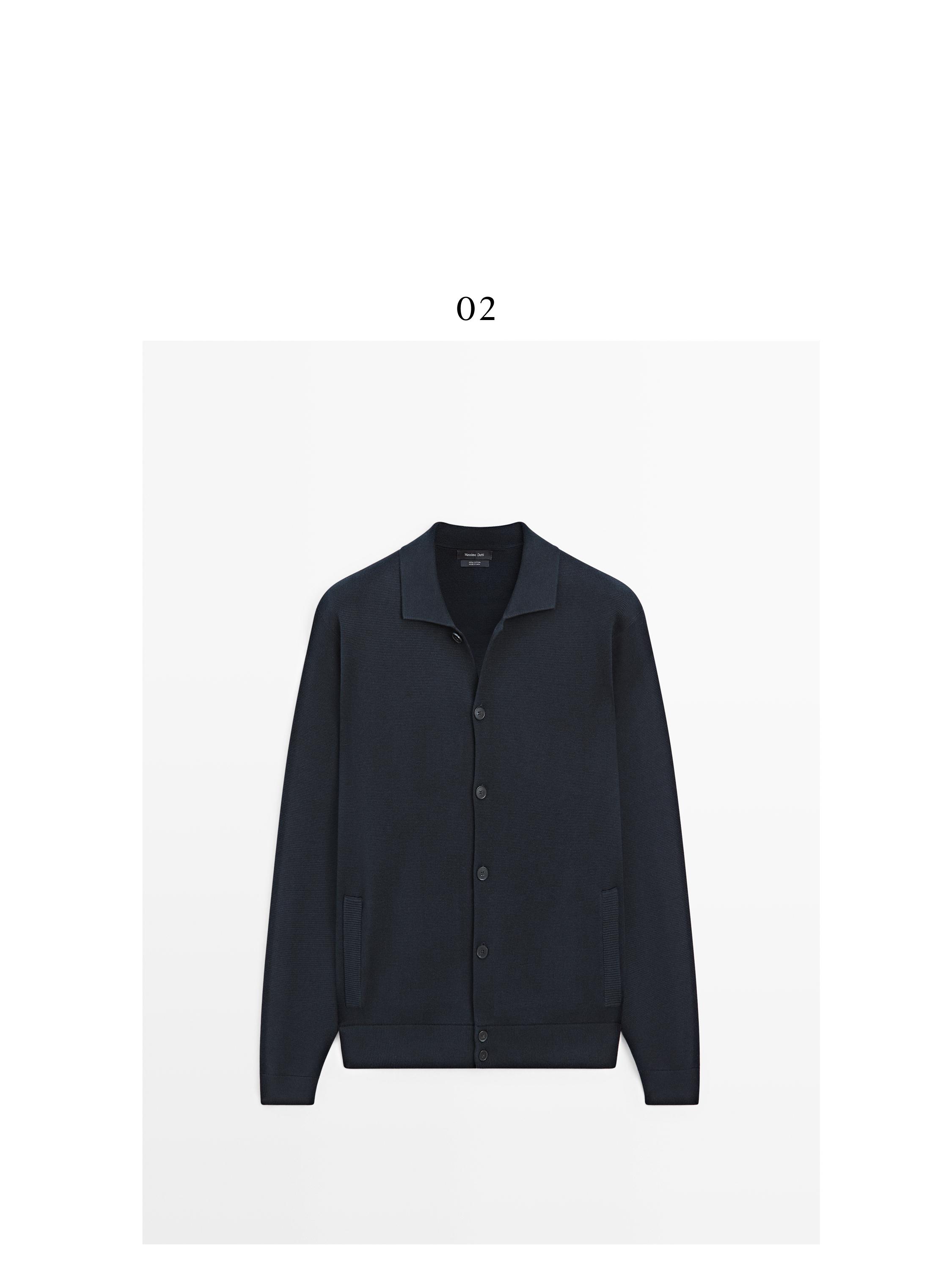100% cotton knit cardigan with polo collar — NAVY BLUE