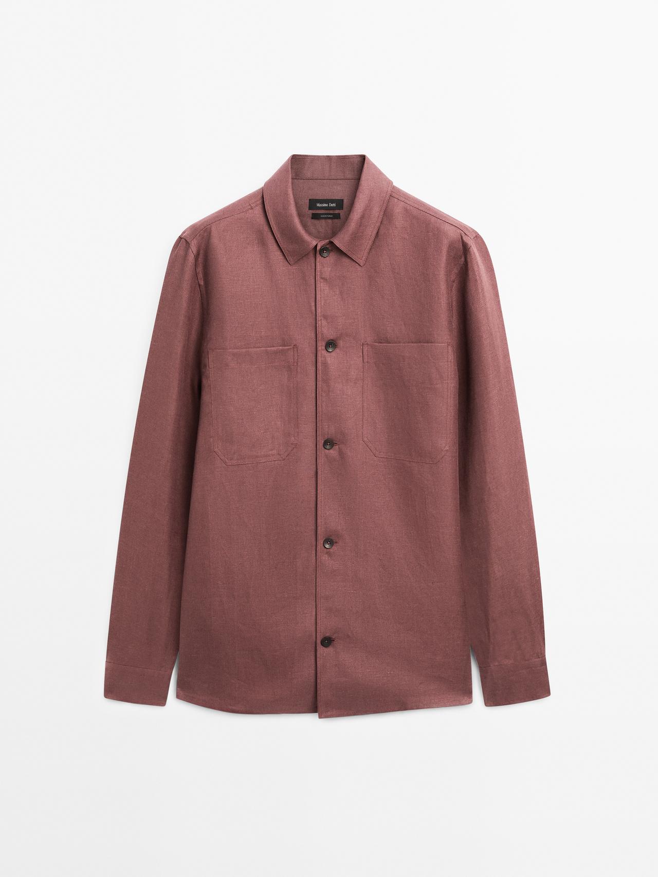 Massimo Dutti - Herre - Skjortejakke I 100 % Hør Med Lommer - Bordeaux - M