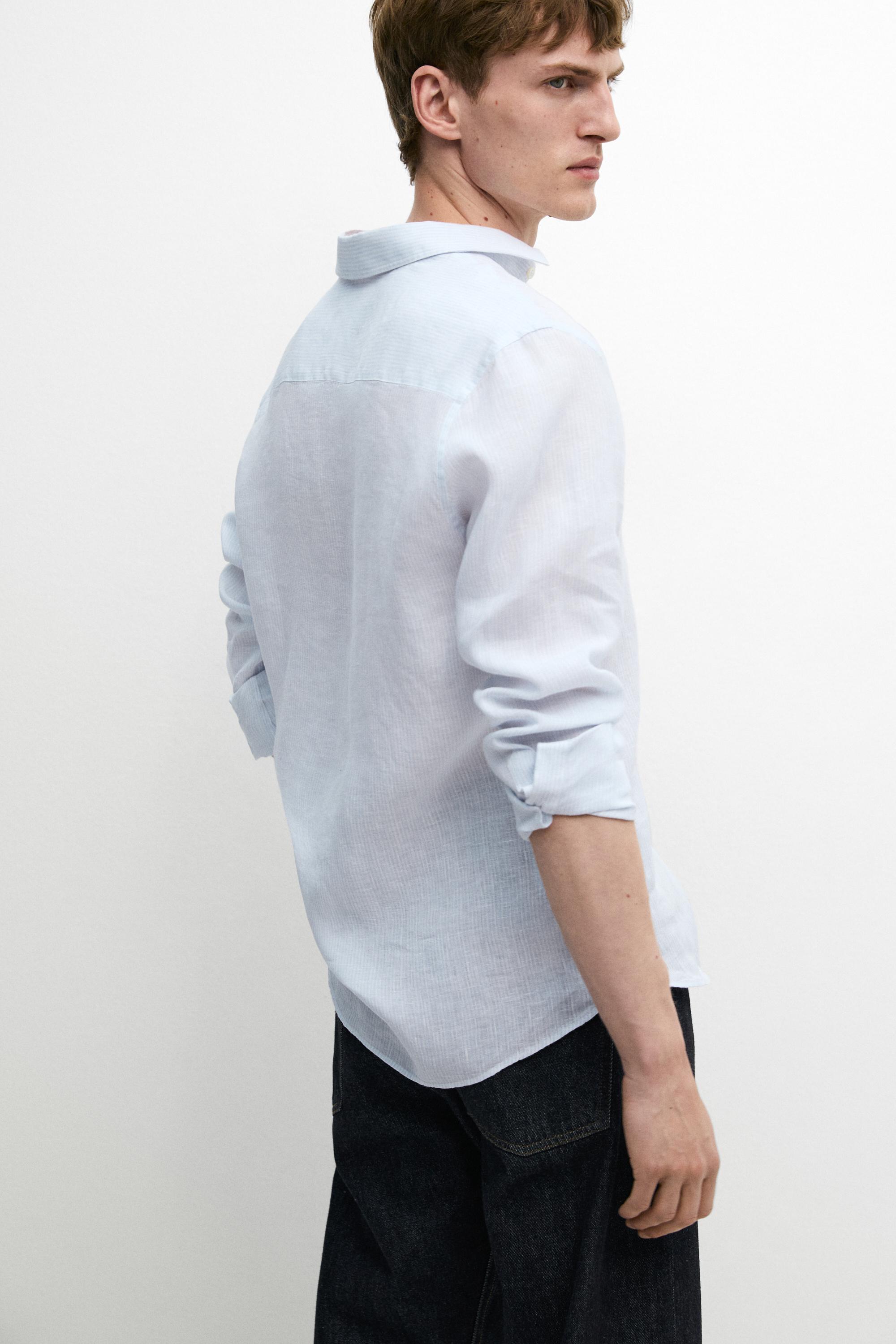 Striped slim fit linen shirt — Sky blue