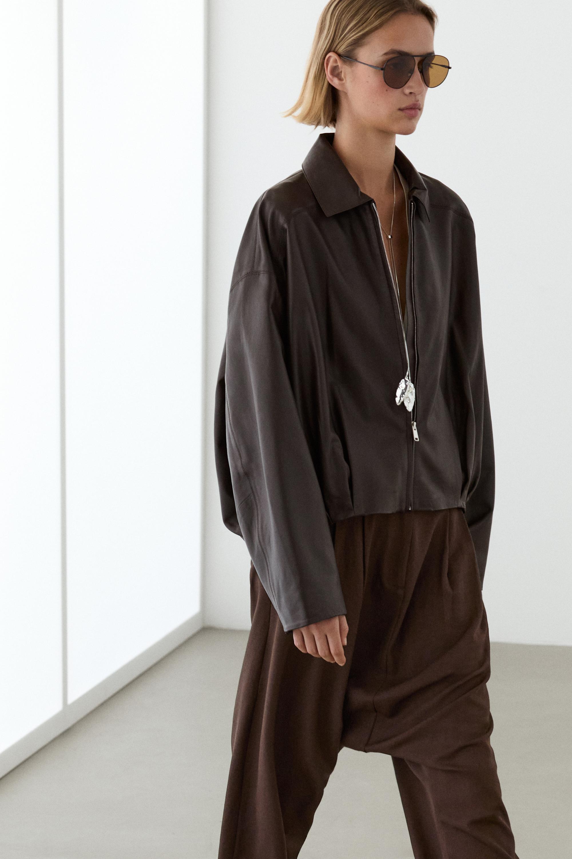 Nappa leather bomber jacket with pleat detail — BROWN