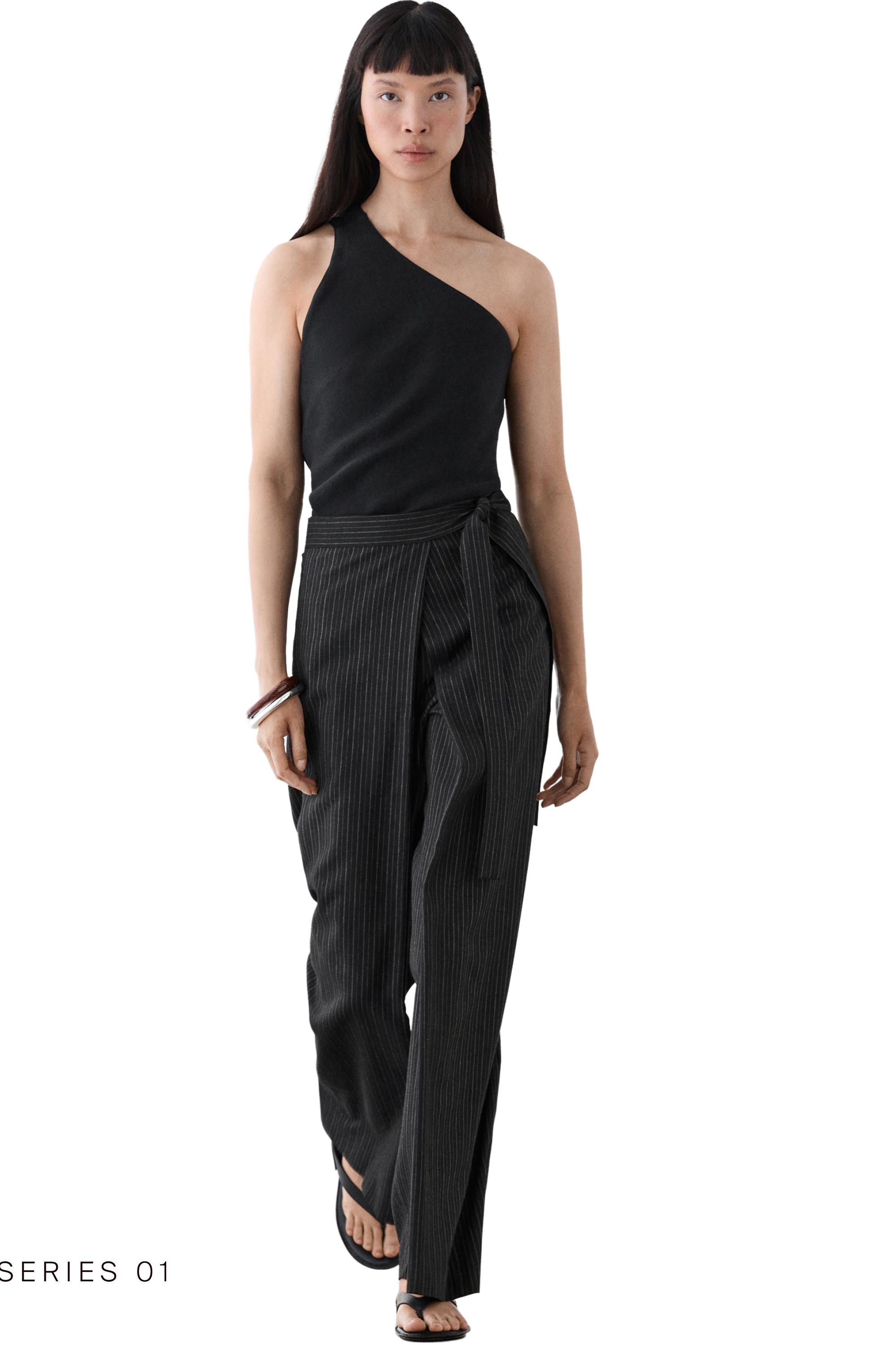 Asymmetric linen blend top with back detail — BLACK