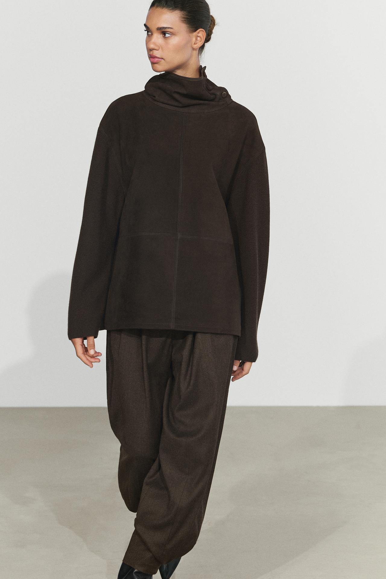 Combined high neck suede oversize blouse — BROWN