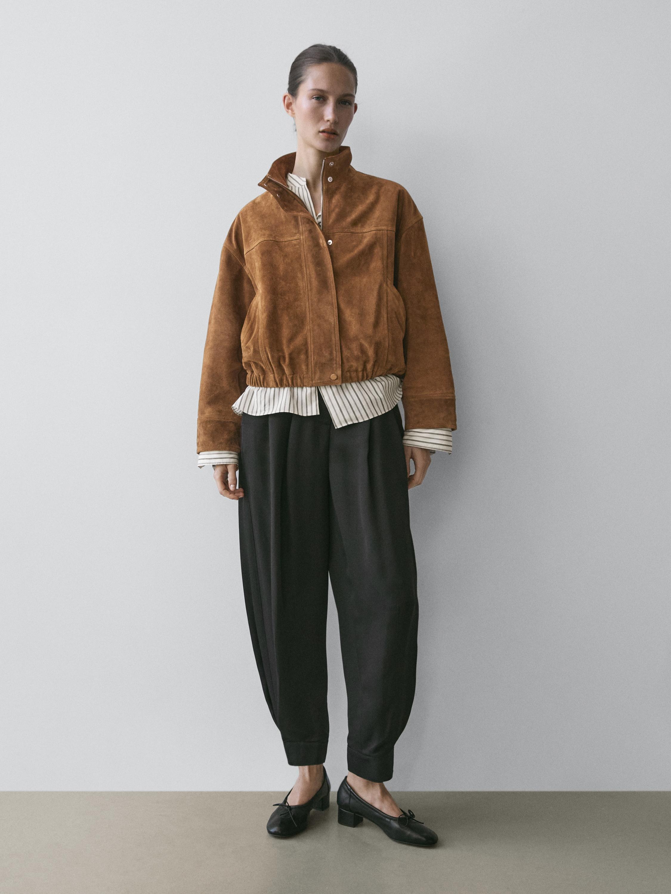 Short suede leather bomber jacket — CAMEL