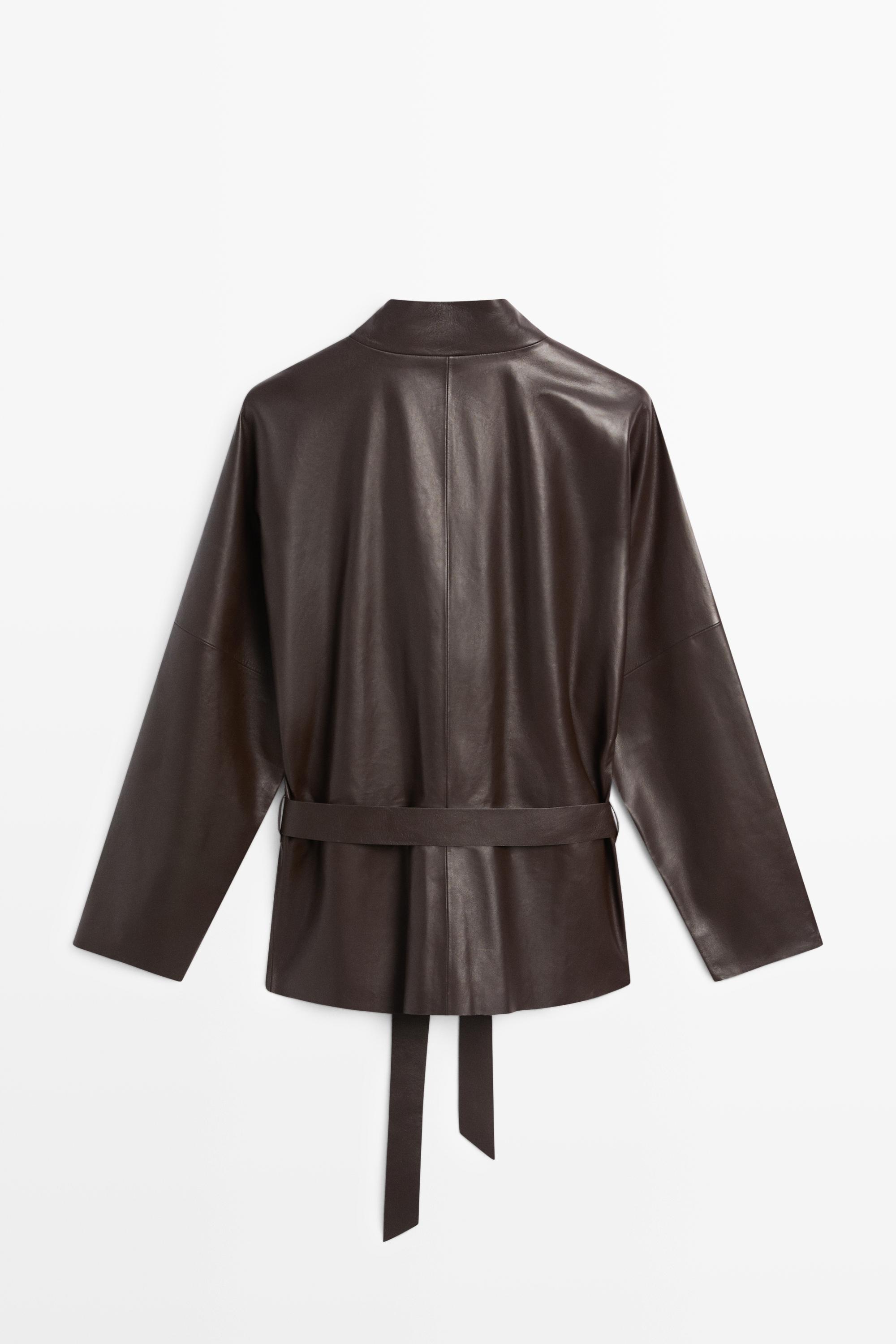 Wrap-front nappa leather jacket with tie detail — BROWN