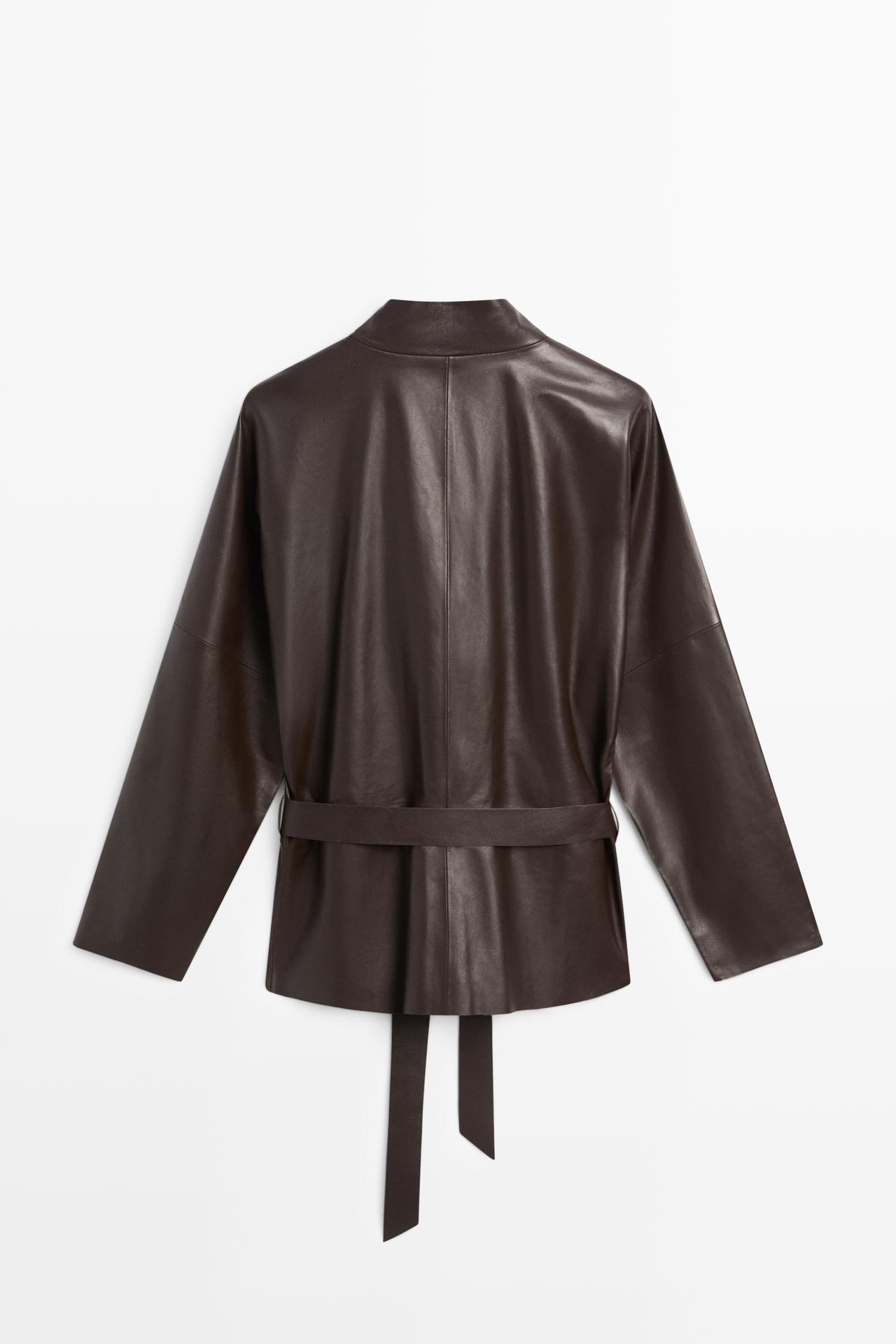 Wrap-front nappa leather jacket with tie detail — BROWN
