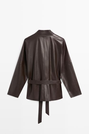 Wrap-front nappa leather jacket with tie detail — BROWN 6
