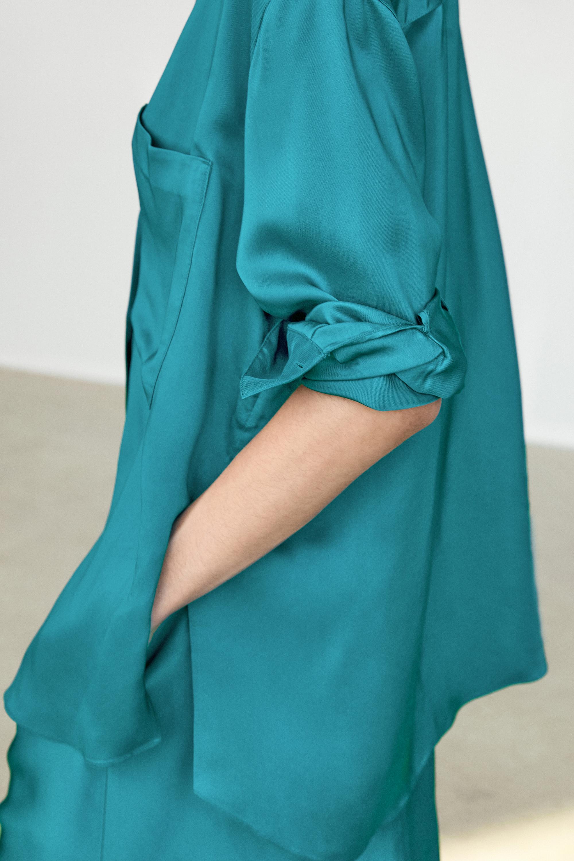 Flowing satin shirt with pockets — GREENISH BLUE