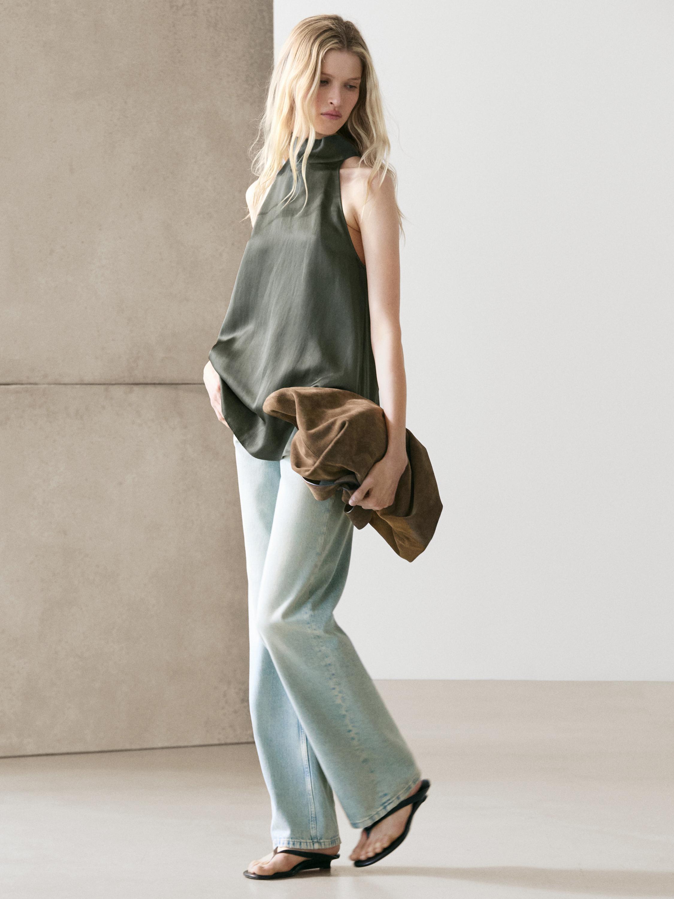 Satin halter top with tie detail — BLUISH GREEN