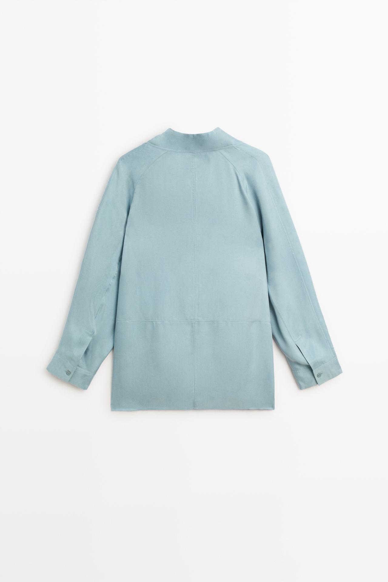 Flowy blouse with stand collar and drawstrings — GREY BLUE