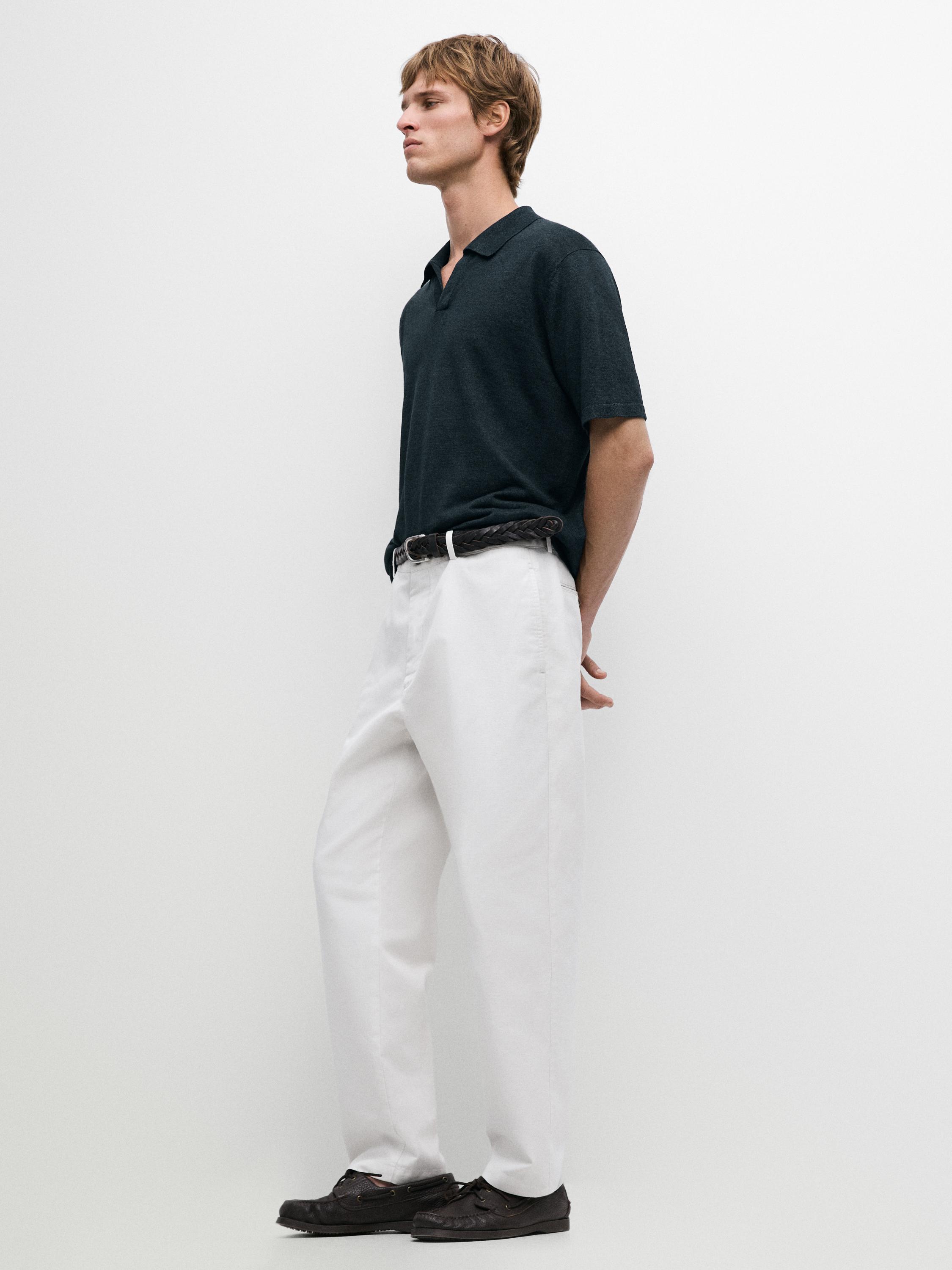 Linen V-neck polo sweater — NAVY BLUE