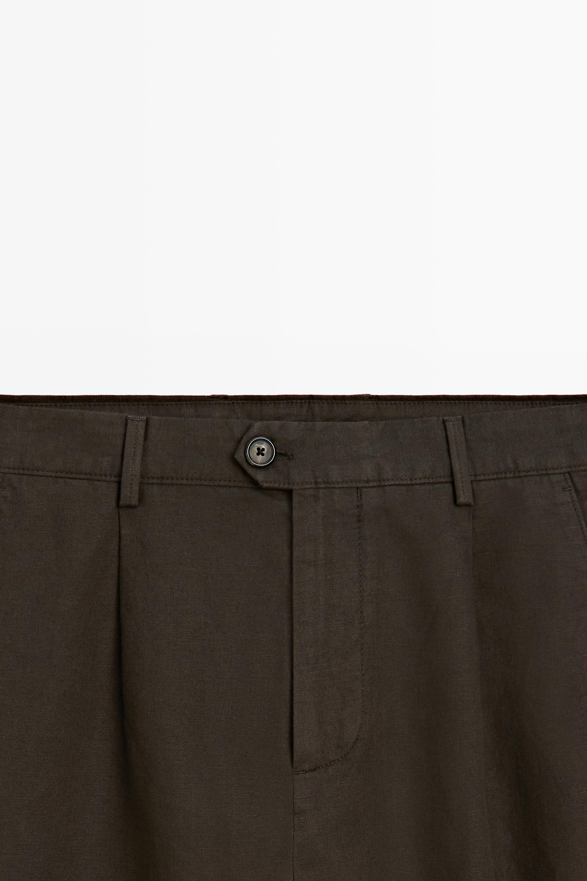 Straight-leg linen and cotton trousers with darts — BROWN
