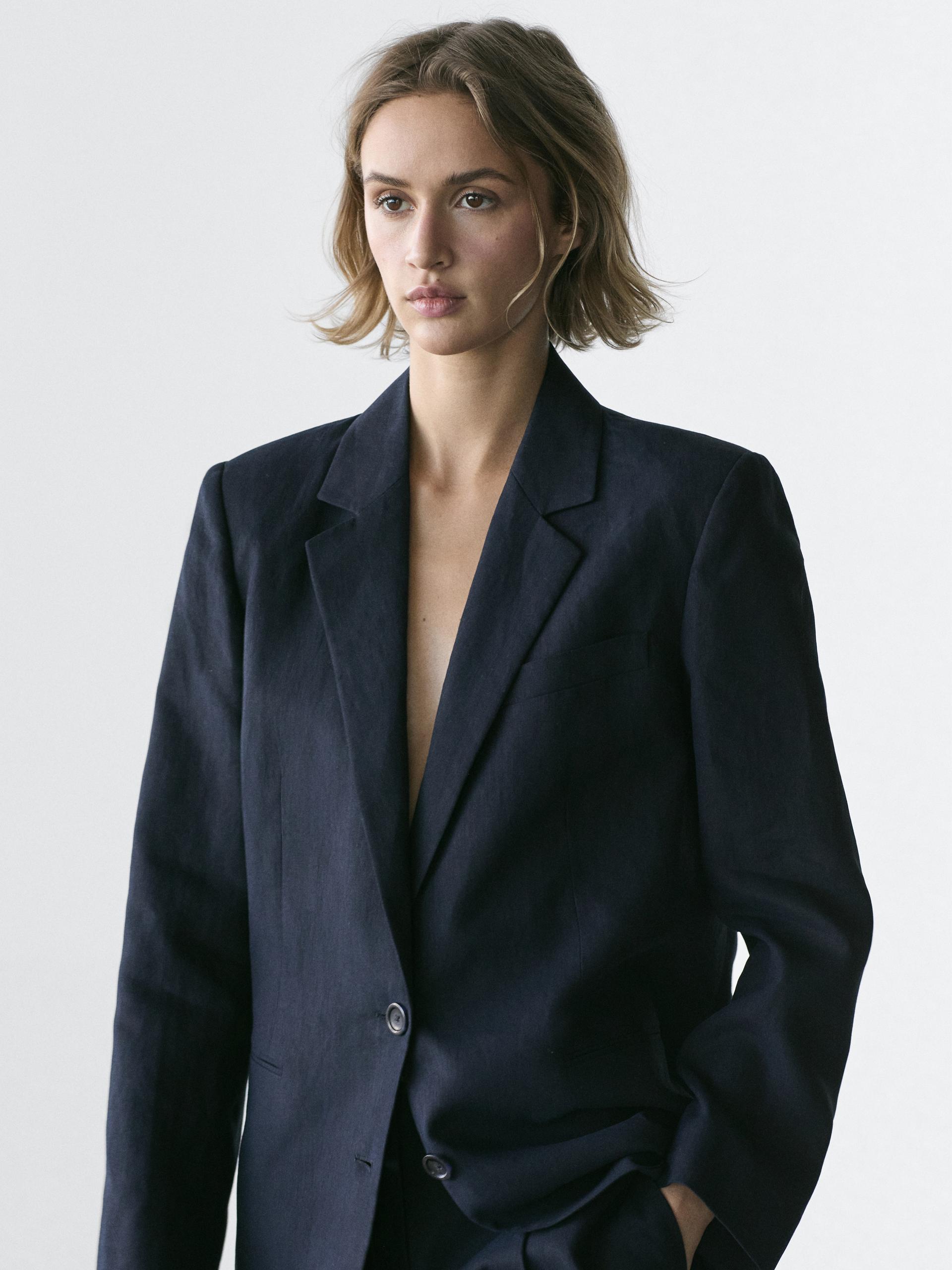 American Suit With Linen Button Detail - Blu Marino - 36 (It 40) - Massimo Dutti - Femminile