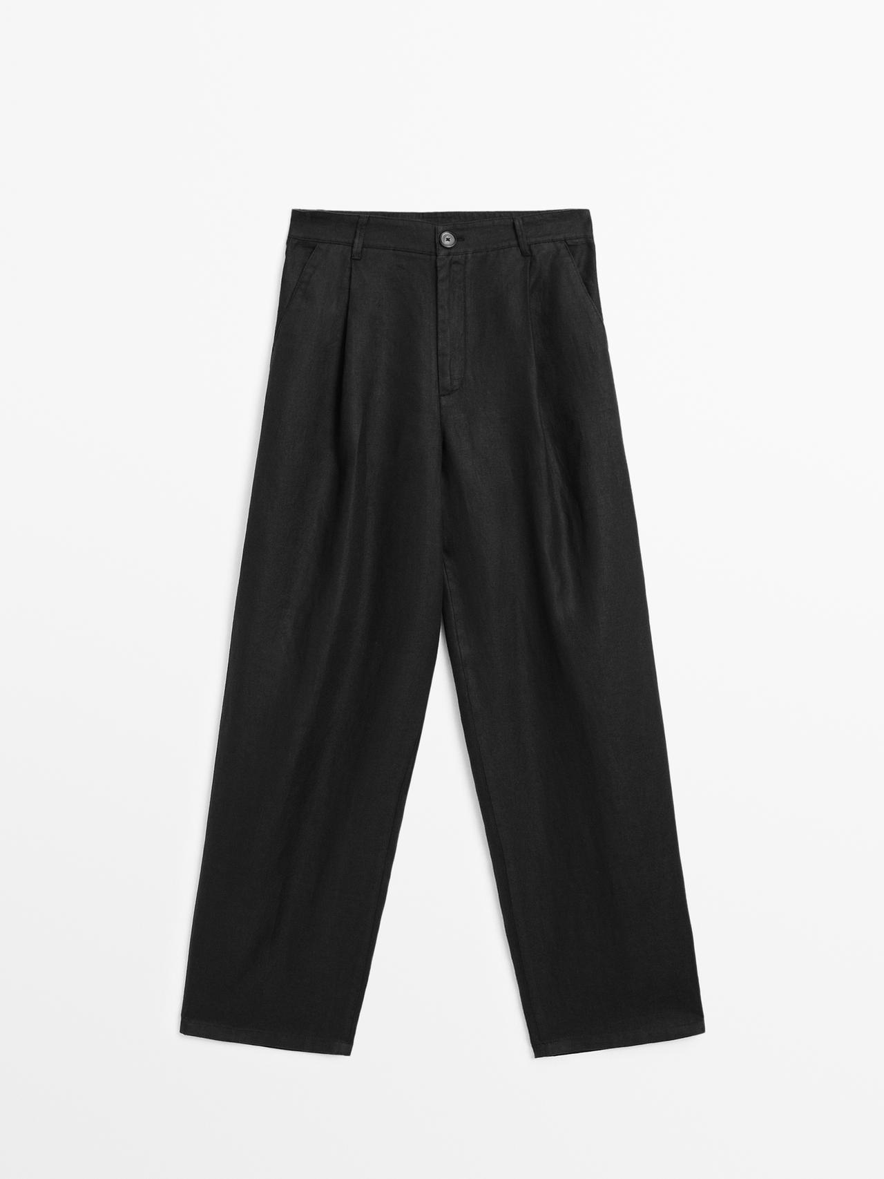 Massimo Dutti - Dame - Mid Waist Bukser I 100% Hør Med Brede Ben - Sort - 40