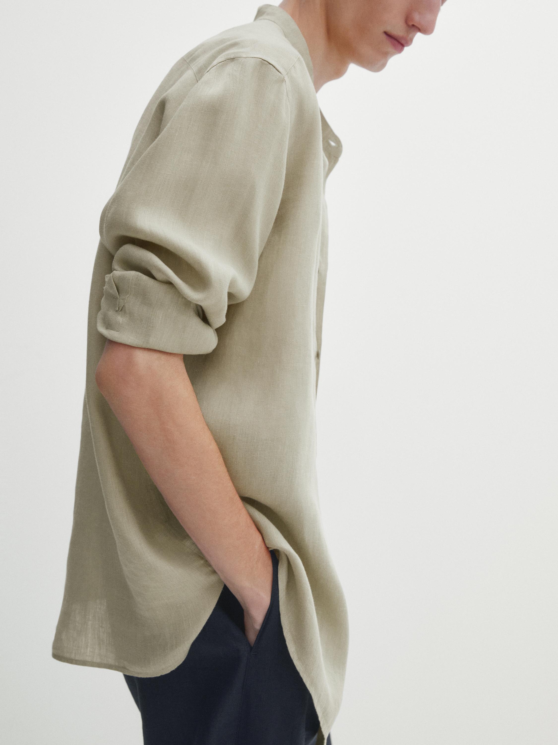 Regular-fit linen shirt with a stand collar