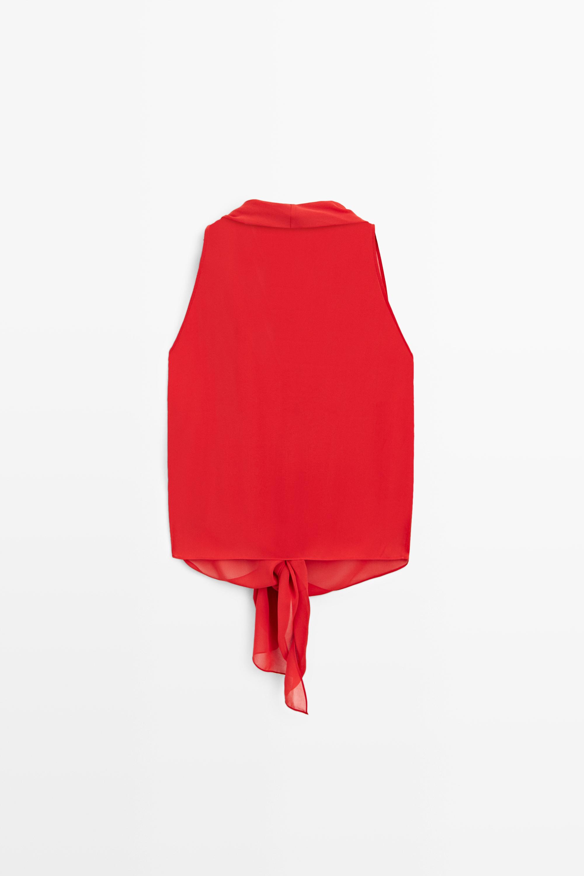 100% silk semi-sheer top with tie — RED
