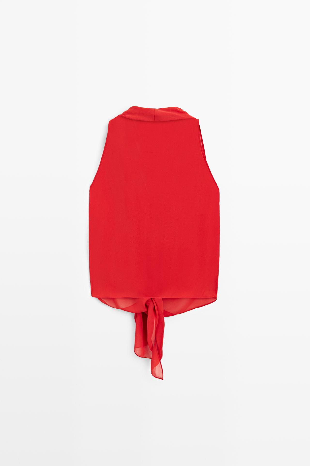 100% silk semi-sheer top with tie — RED