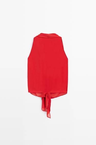 100% silk semi-sheer top with tie — RED 6