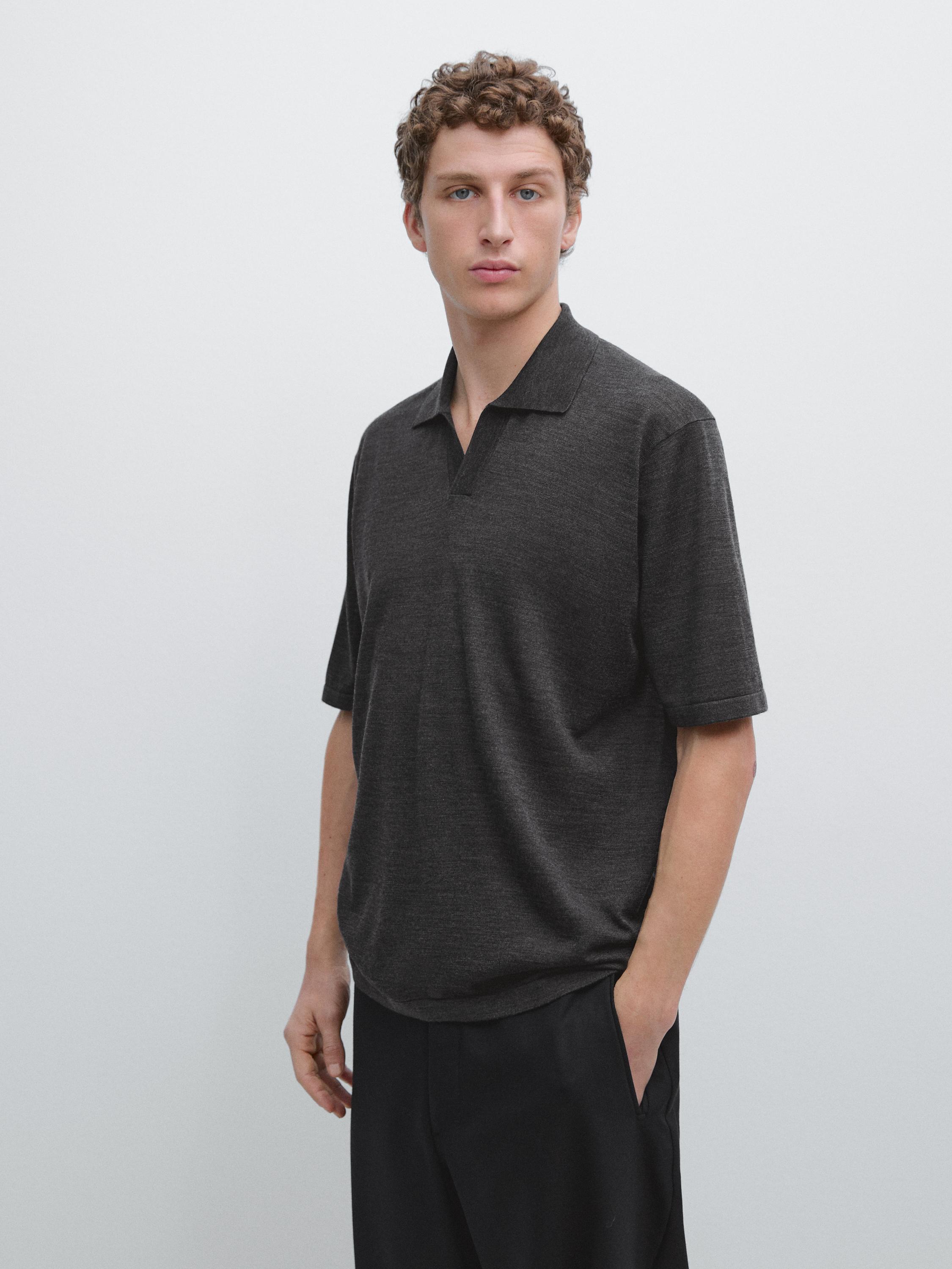 Knit V-neck polo shirt — KHAKI GREEN
