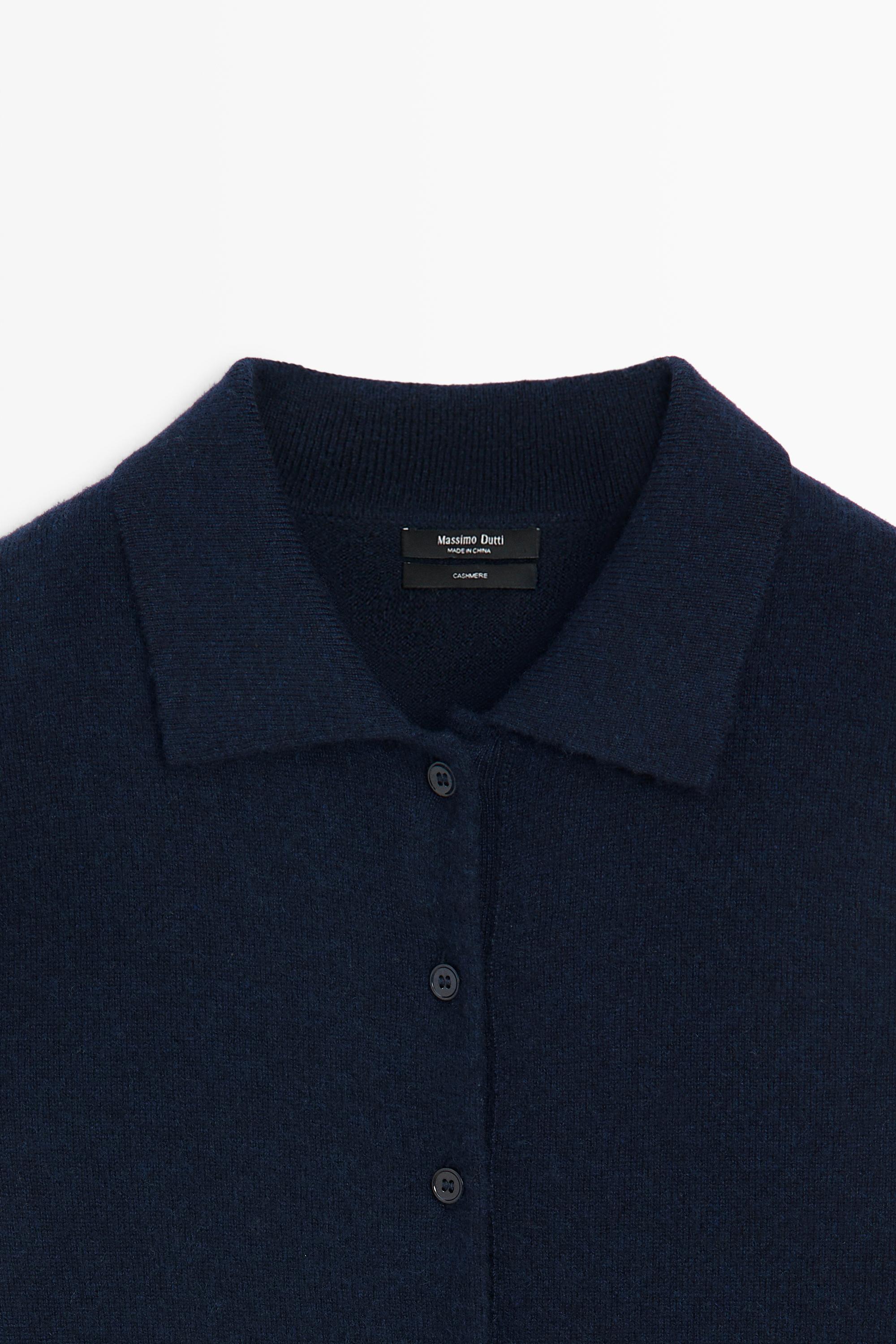 100% cashmere knit polo collar cardigan — NAVY BLUE