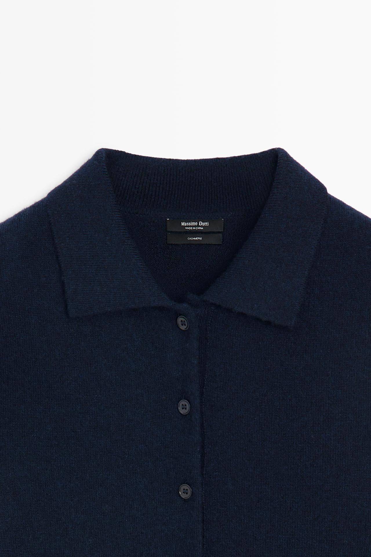 100% cashmere knit polo collar cardigan — NAVY BLUE