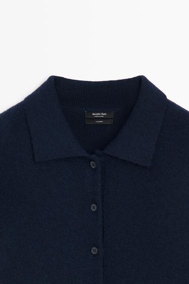 100% cashmere knit polo collar cardigan — NAVY BLUE 9