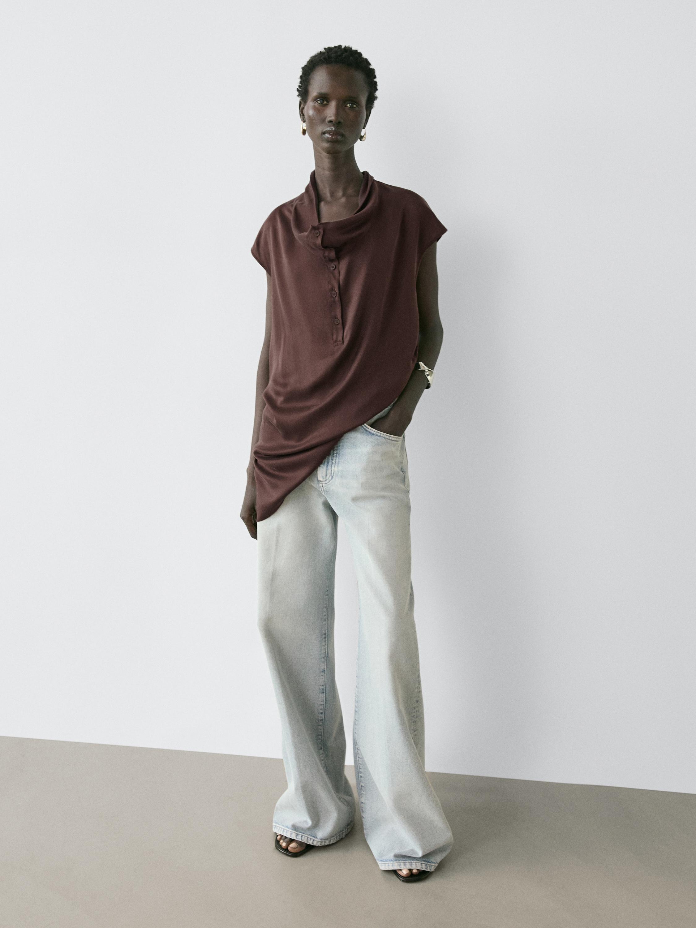 Asymmetric draped top — BROWN
