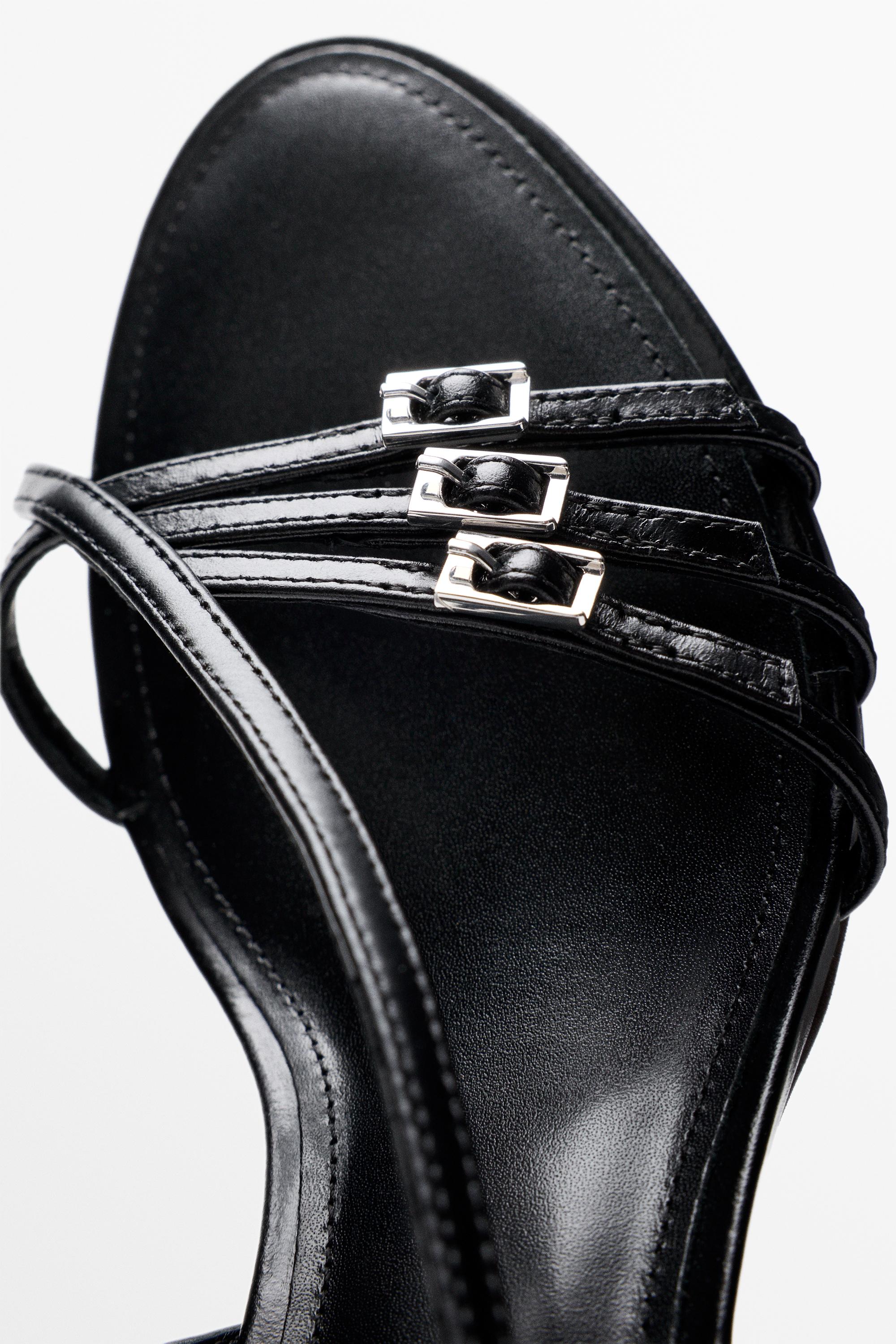Leather heeled sandals with buckles — BLACK
