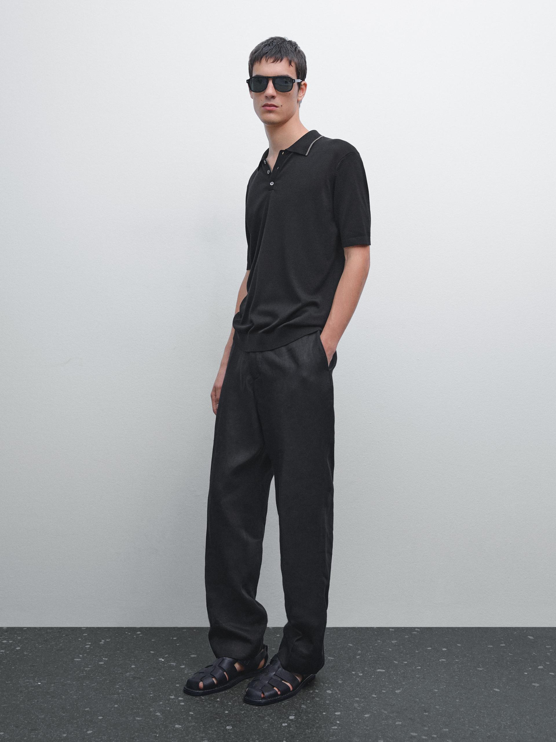 Polo De Malha Com Pormenor Colorido Na Gola - Preto - S - Massimo Dutti - Homem