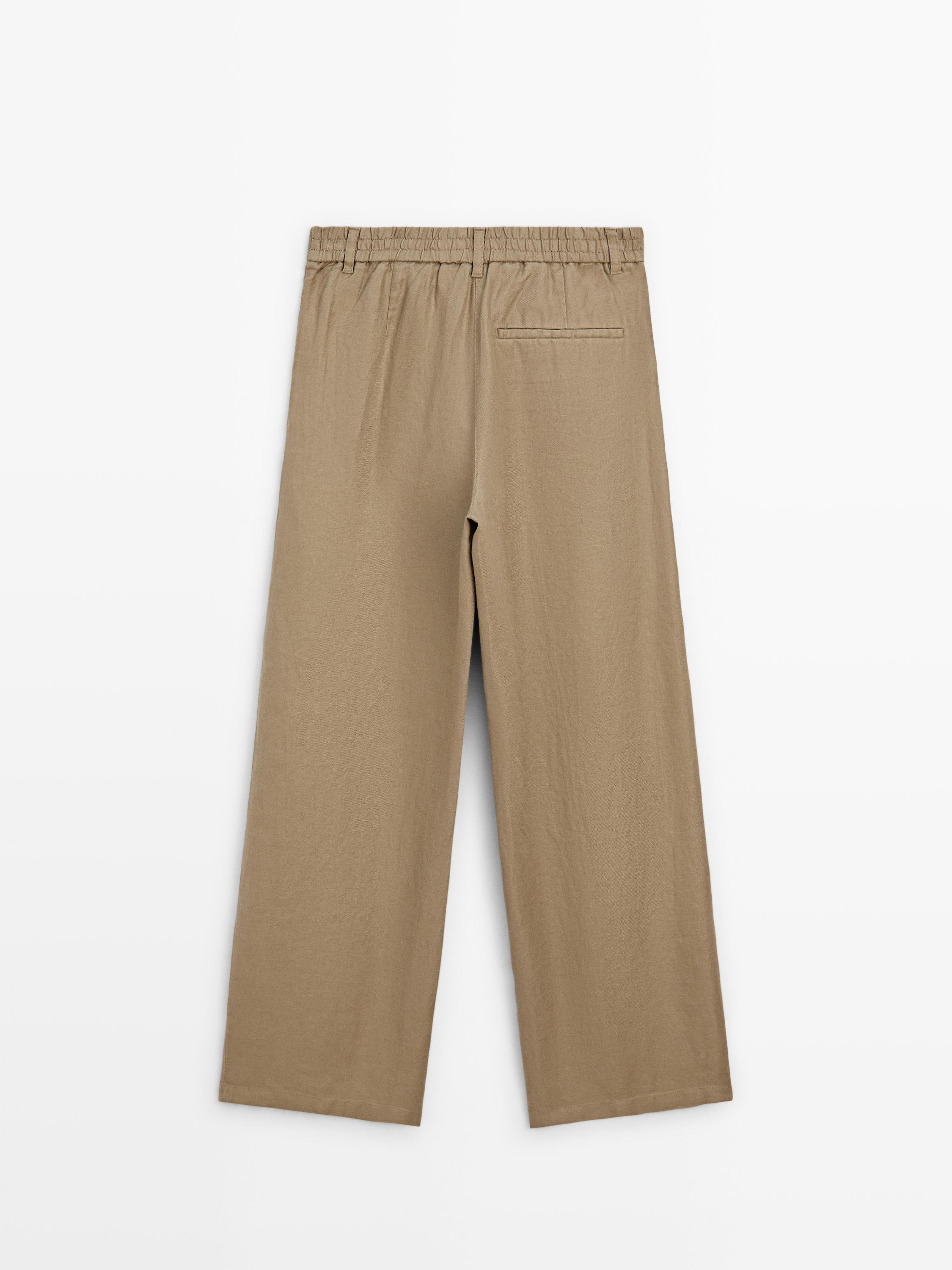 100% linen wide-leg elasticated trousers — PALE GREEN