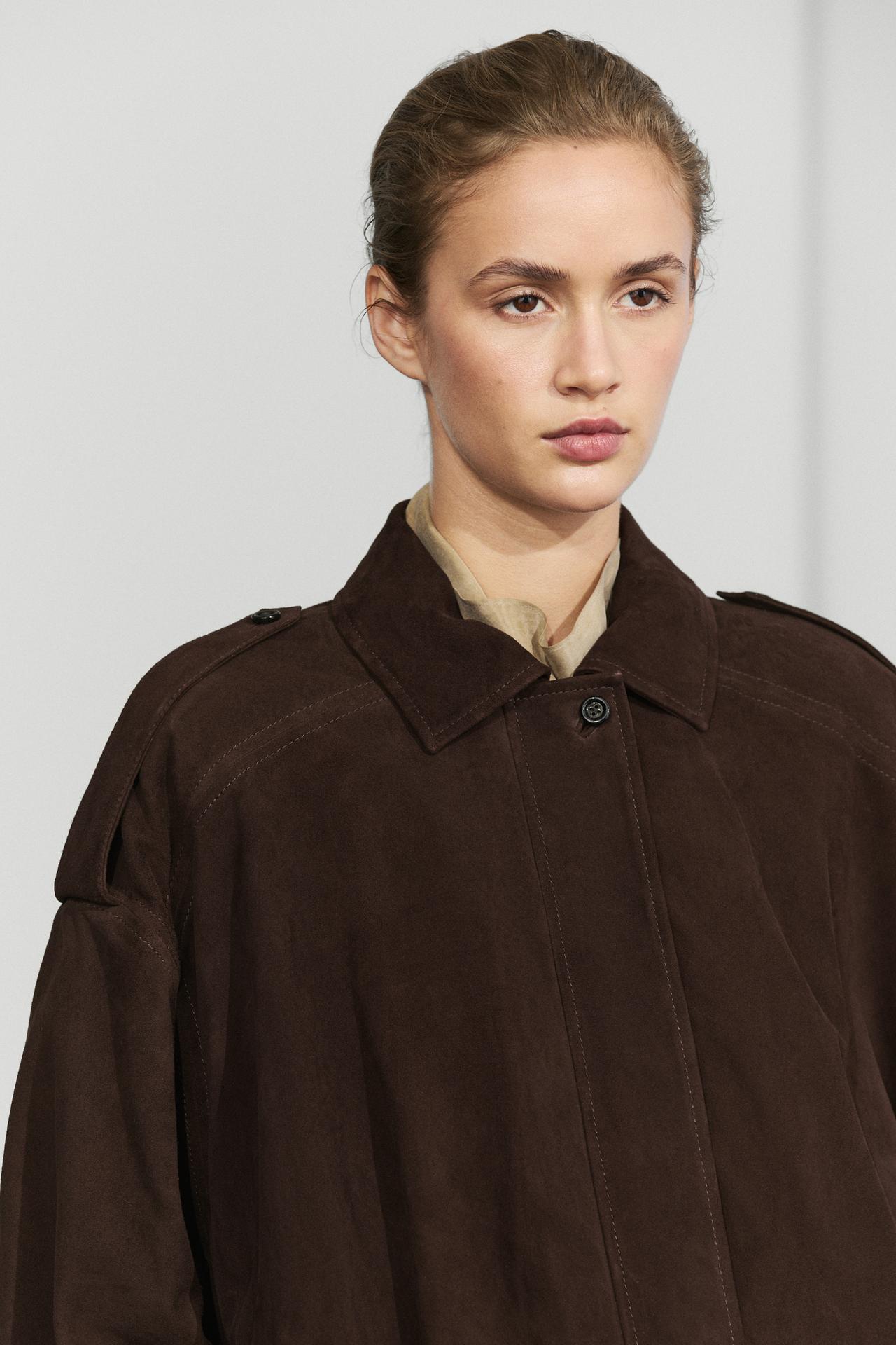 Suede bomber jacket with pleat detail — BROWN