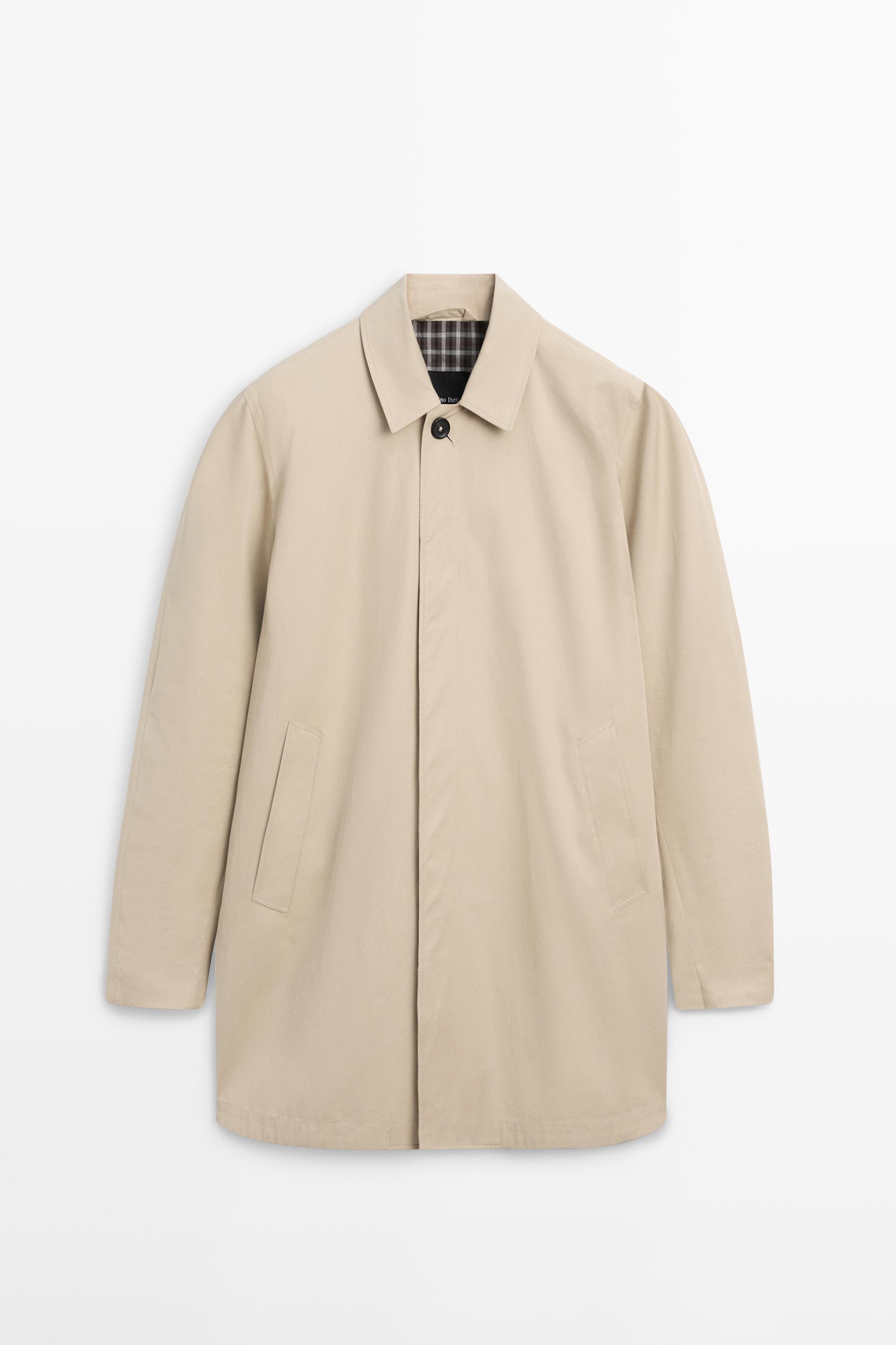Check cotton trench coat with interior detail — BEIGE