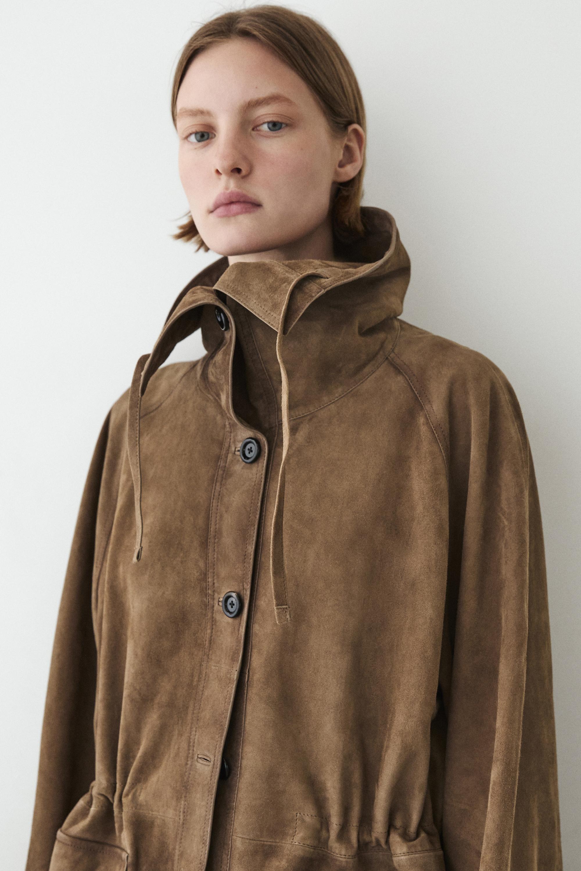 Suede leather high neck parka — Washed