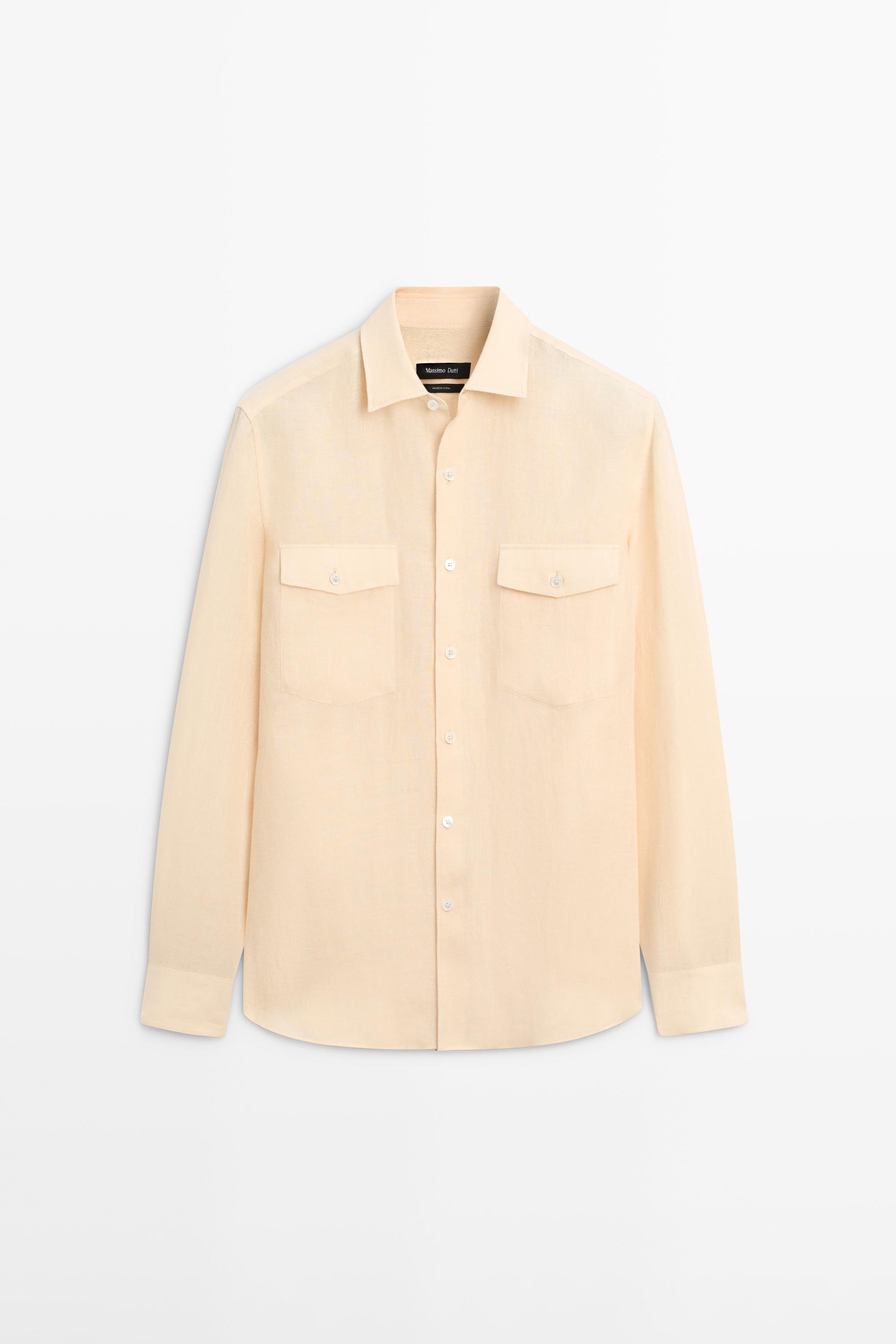 Regular fit 100% linen shirt with pockets — YELLOW