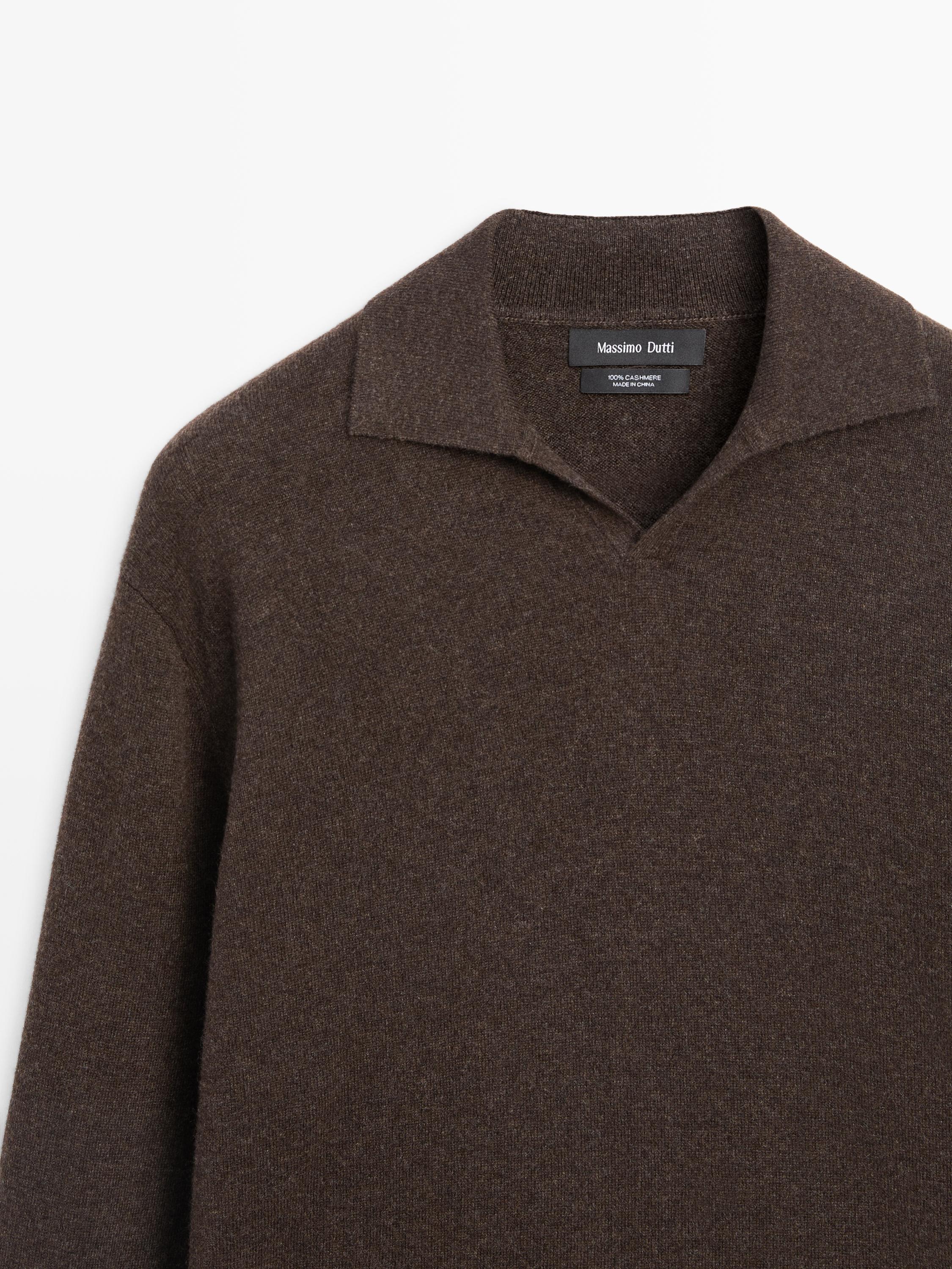 100% cashmere knit polo collar sweater — BROWN MARL