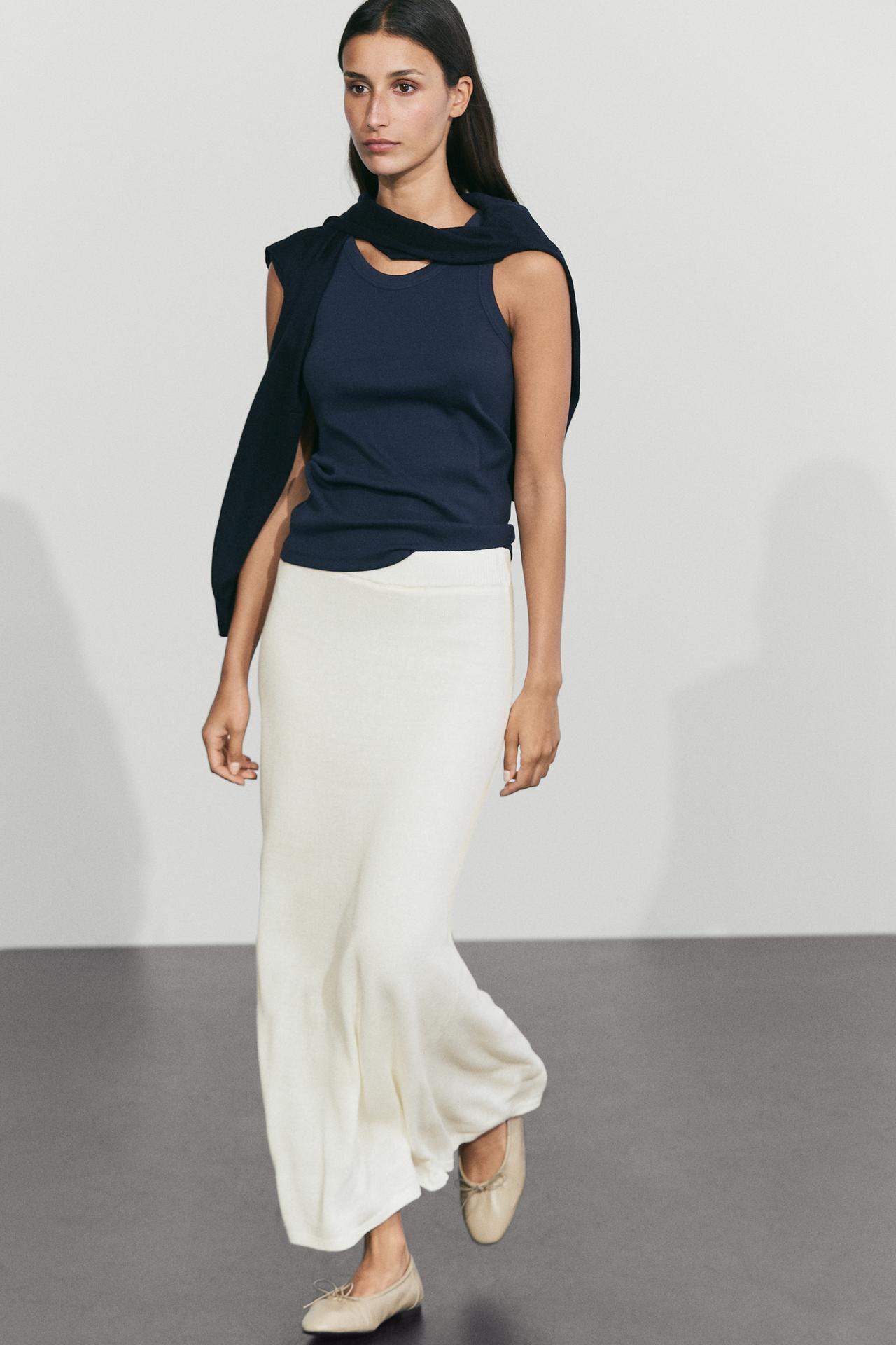 Linen blend knit midi skirt — Off white