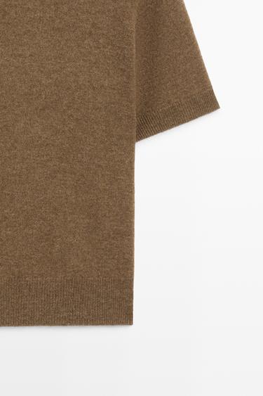 Wool-cashmere blend short sleeve knit sweater — BROWN MARL 7