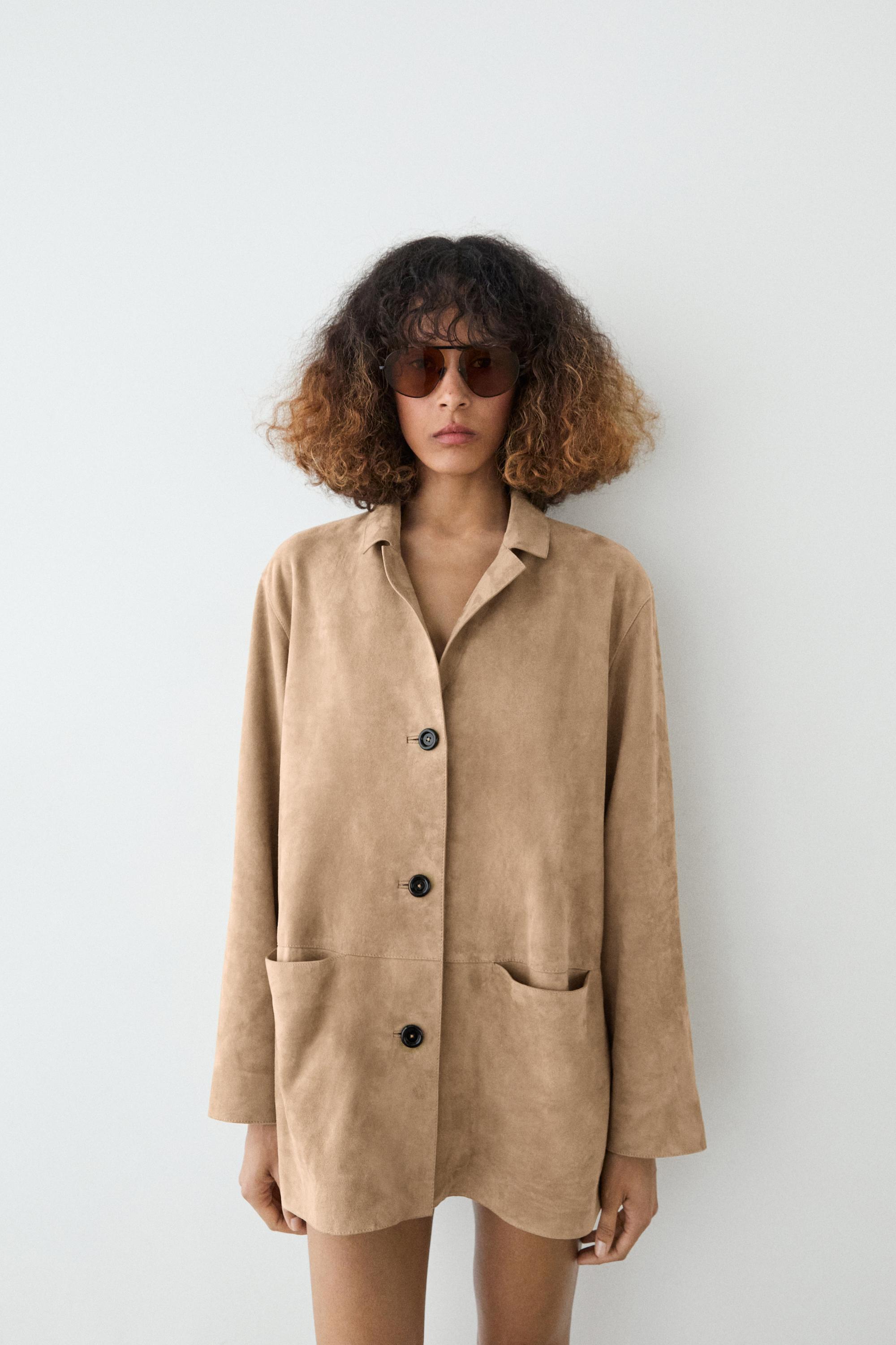 100% suede leather blazer with pocket details — SAND
